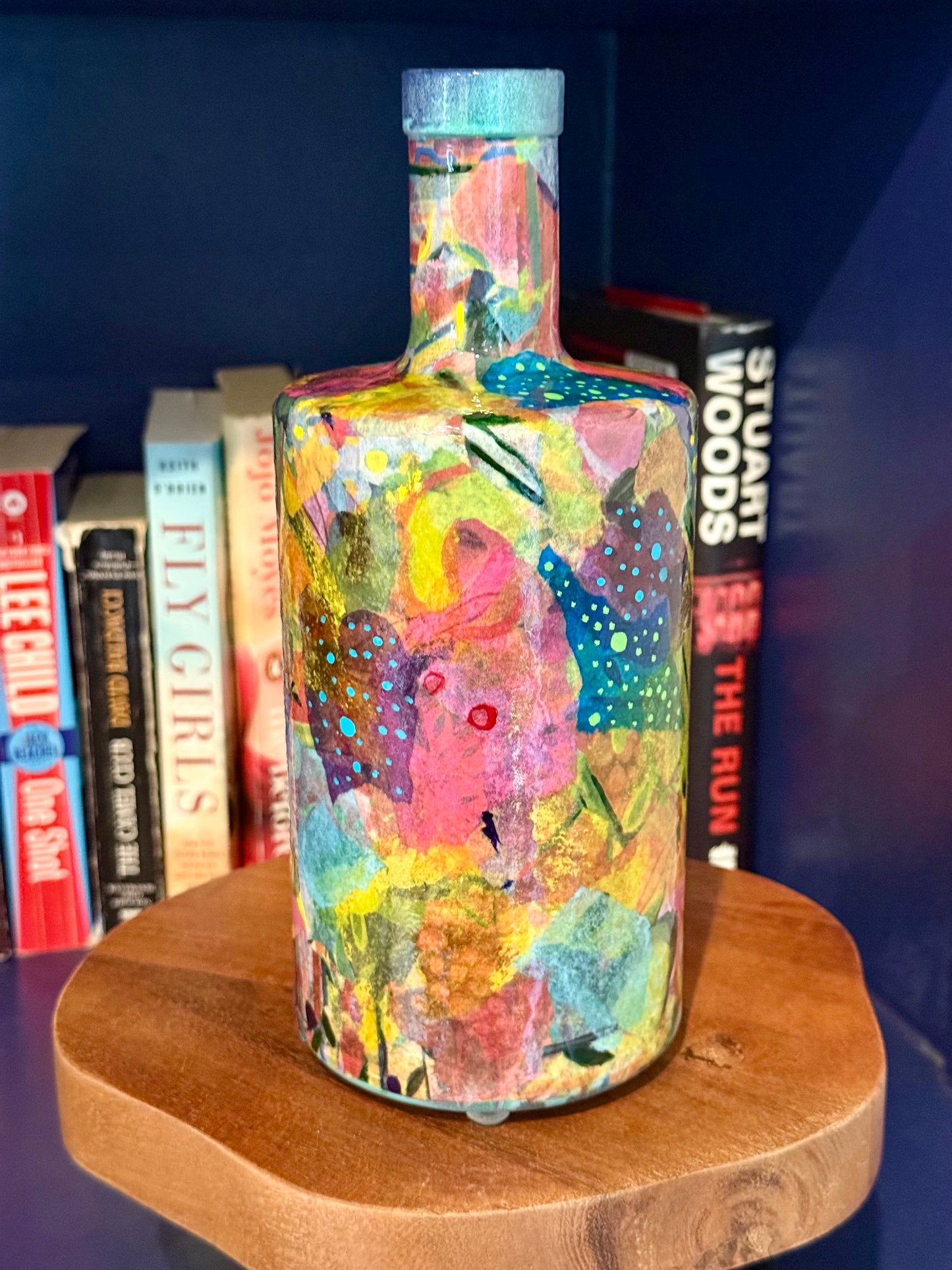 Repurposed liquor bottle maximalist flower vase