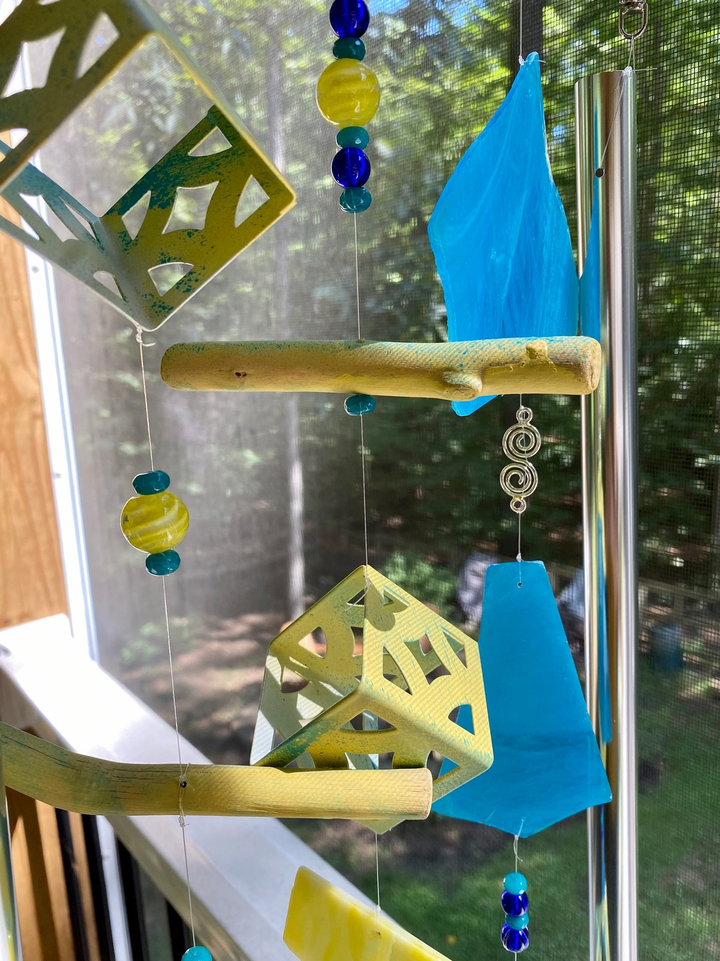 Handmade Driftwood Wind Chime, Upcycled Garden Decor, Stained Glass Sun Catcher Wind Spinner