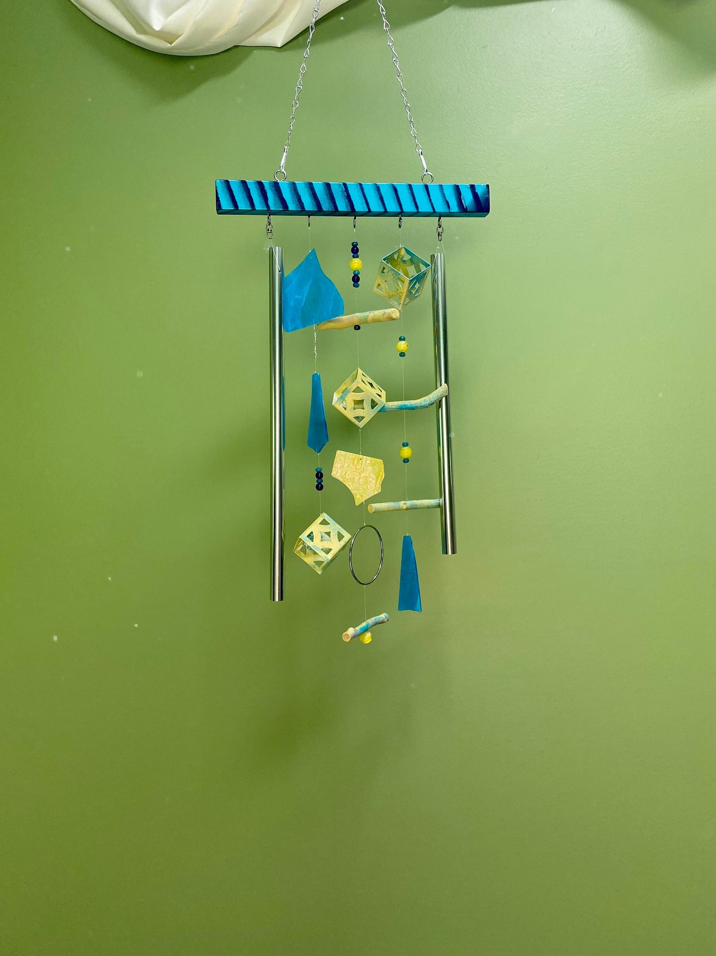 Handmade Driftwood Wind Chime, Upcycled Garden Decor, Stained Glass Sun Catcher Wind Spinner