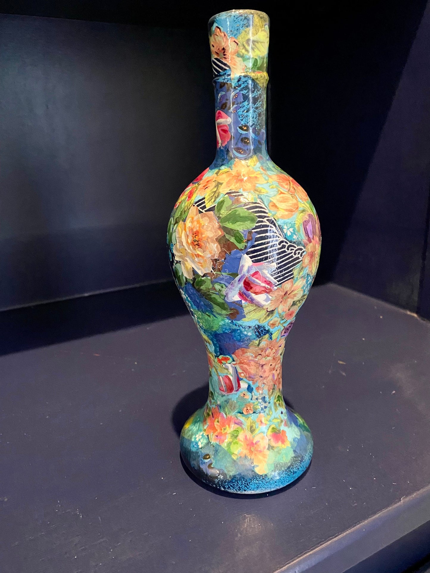 Unique flower vase maximalist artsy decor blue green pink bud vase French country style recycled art