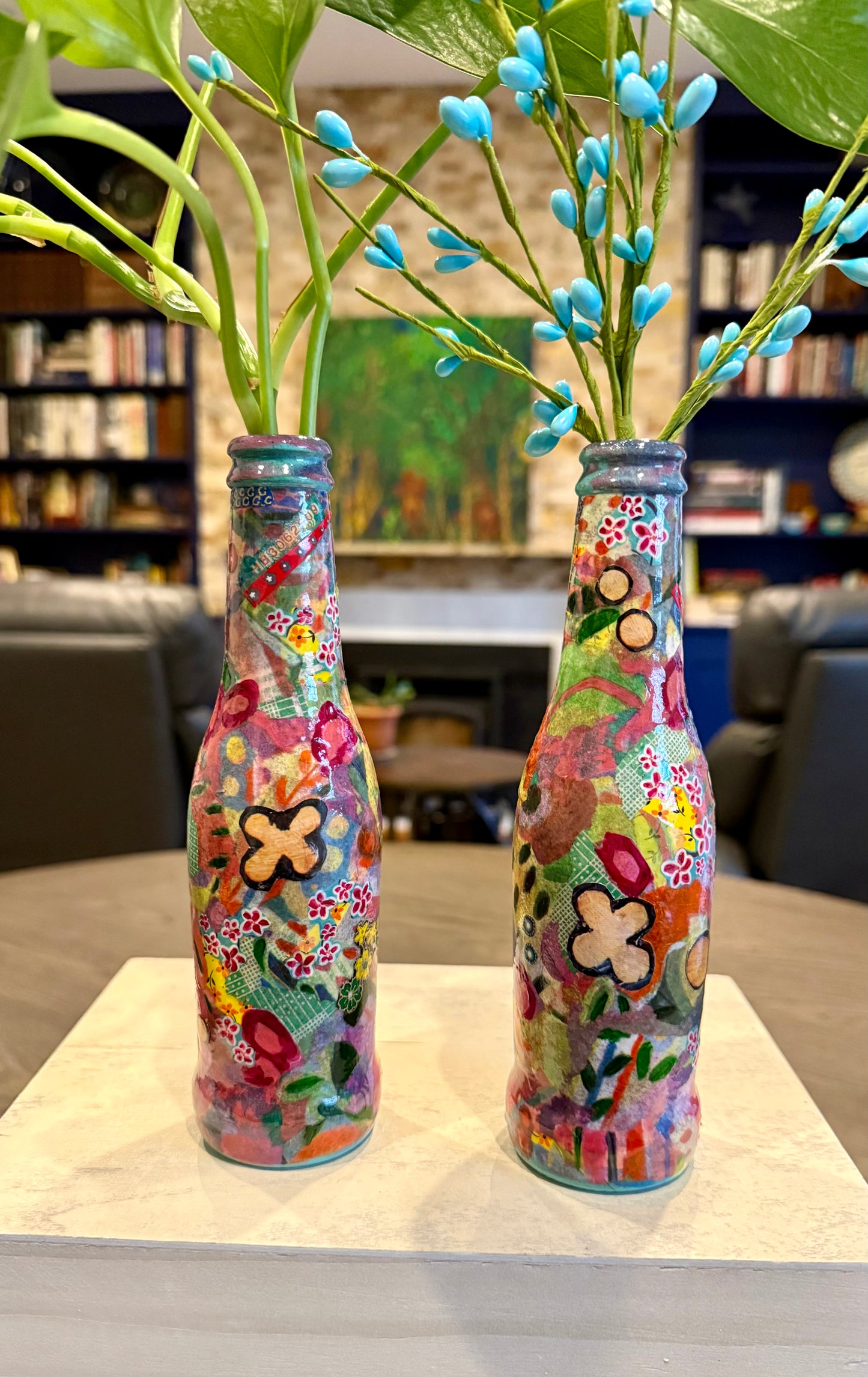 Colorful maximalist pair of bud vases