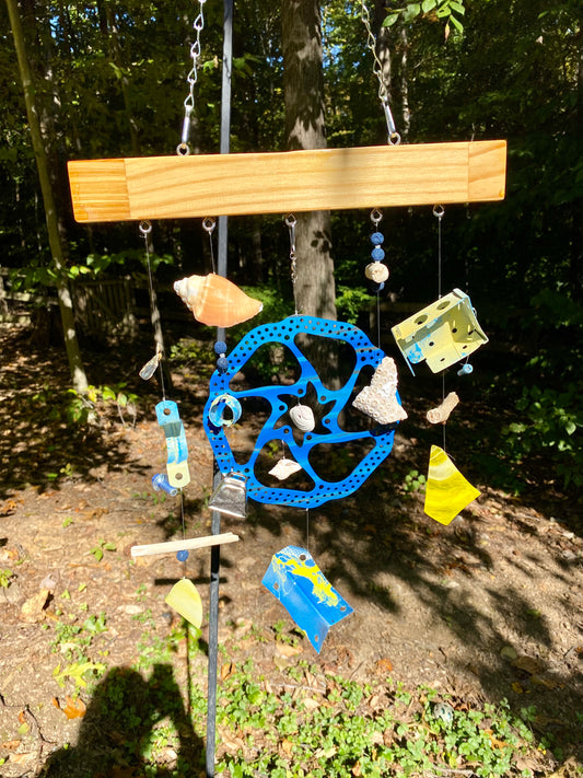 Funky Driftwood Seashells Bicycle Wind Chime Upcycled Hardware