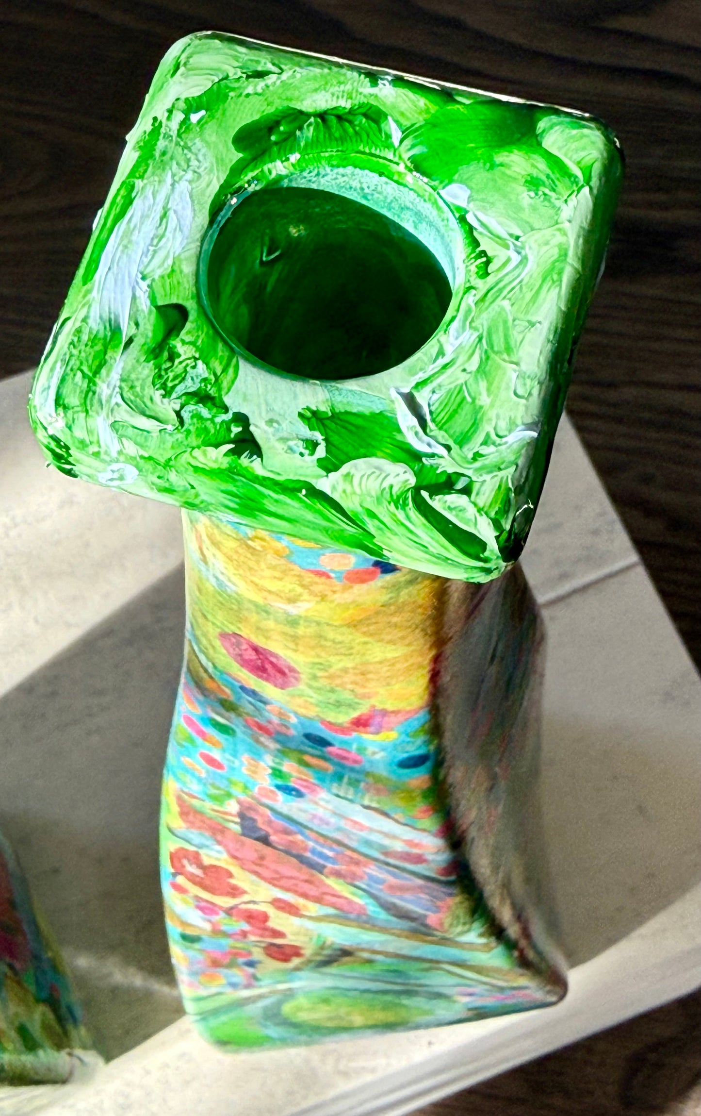 Pair of colorful whimsical flower vases repurposed tequila bottles