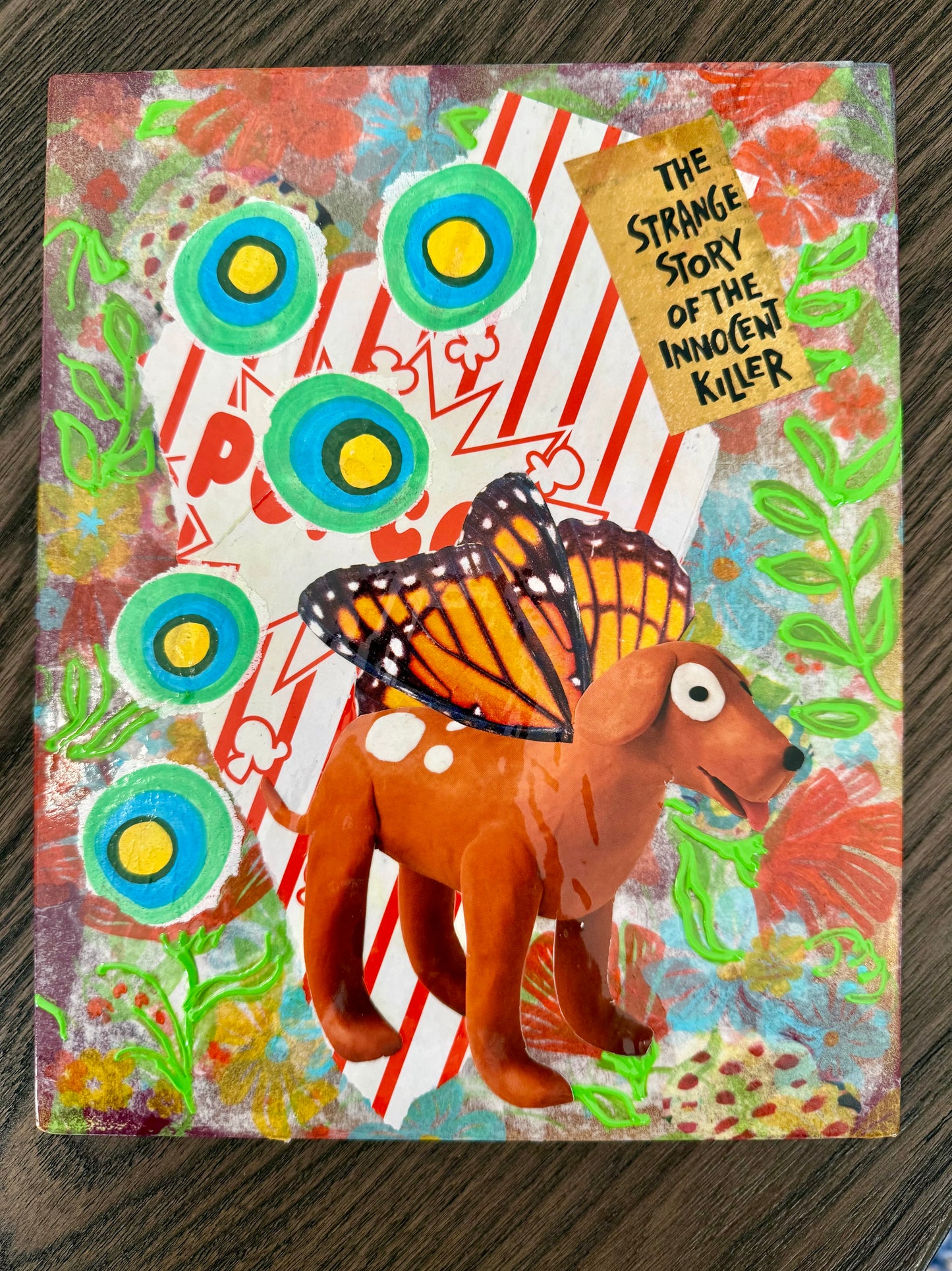 Mixed media collage kitschy wall outsider art dogs and butterflies