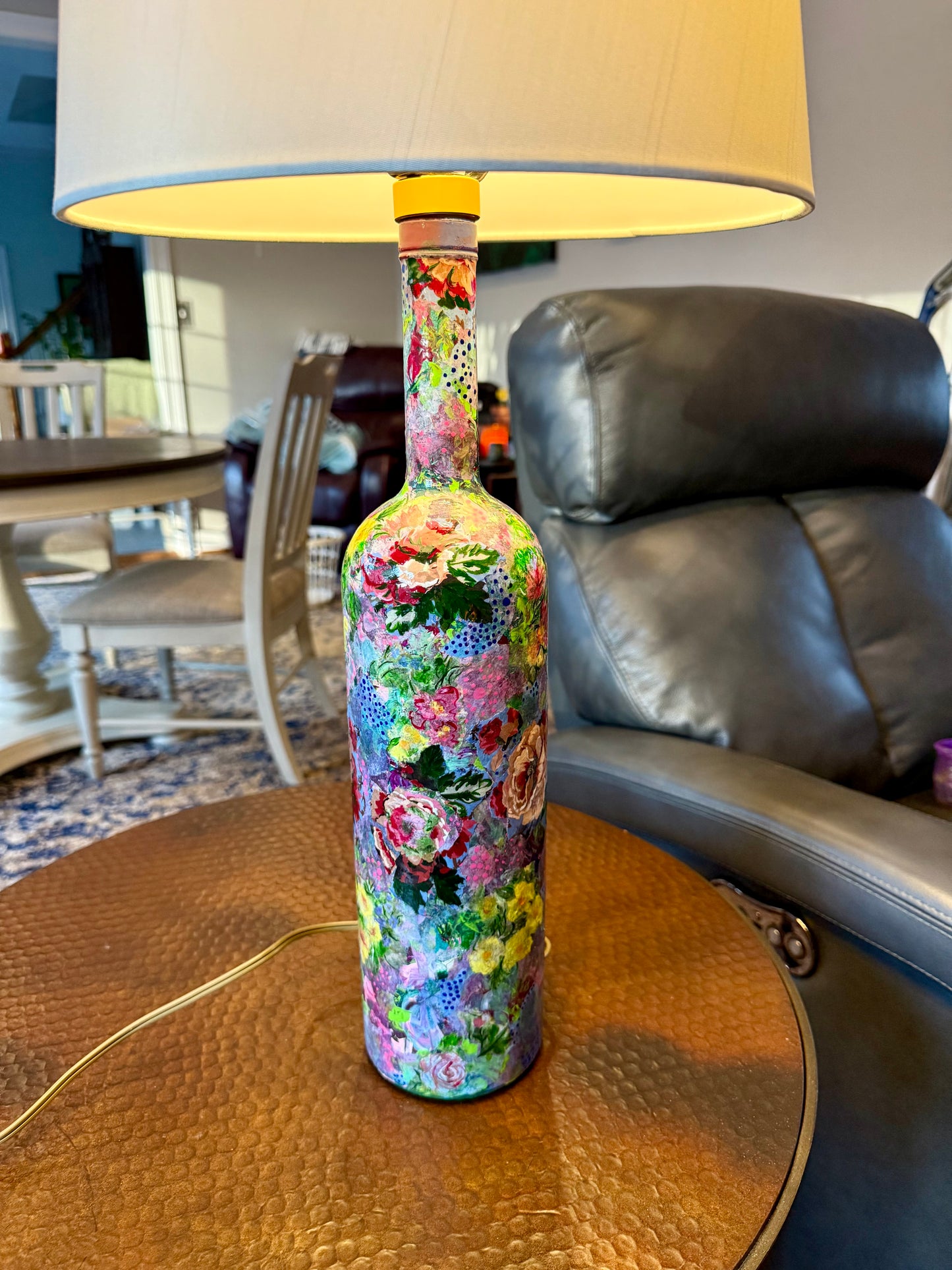 Colorful floral table lamp repurposed upcycled liquor bottle