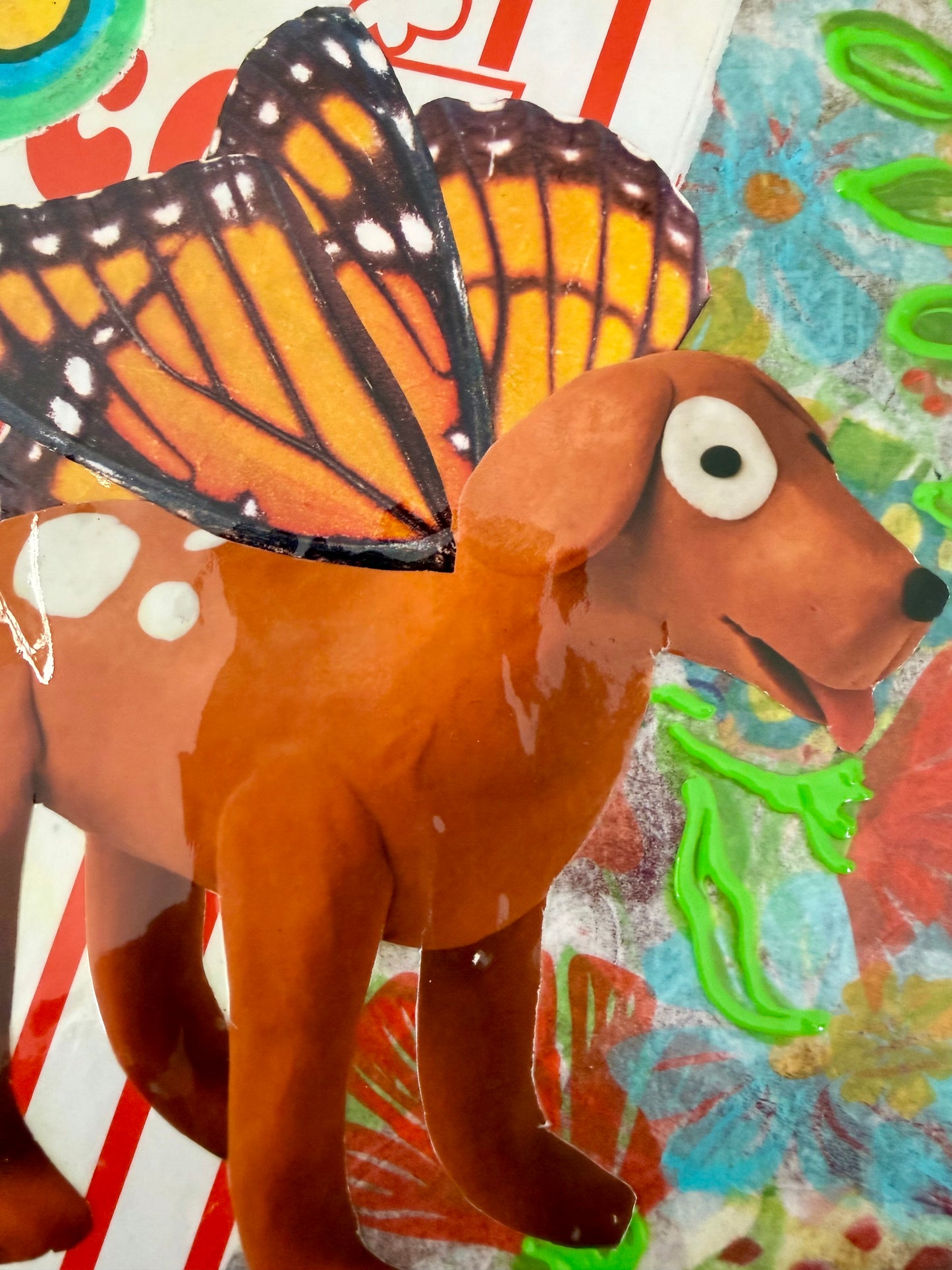 Mixed media collage kitschy wall outsider art dogs and butterflies