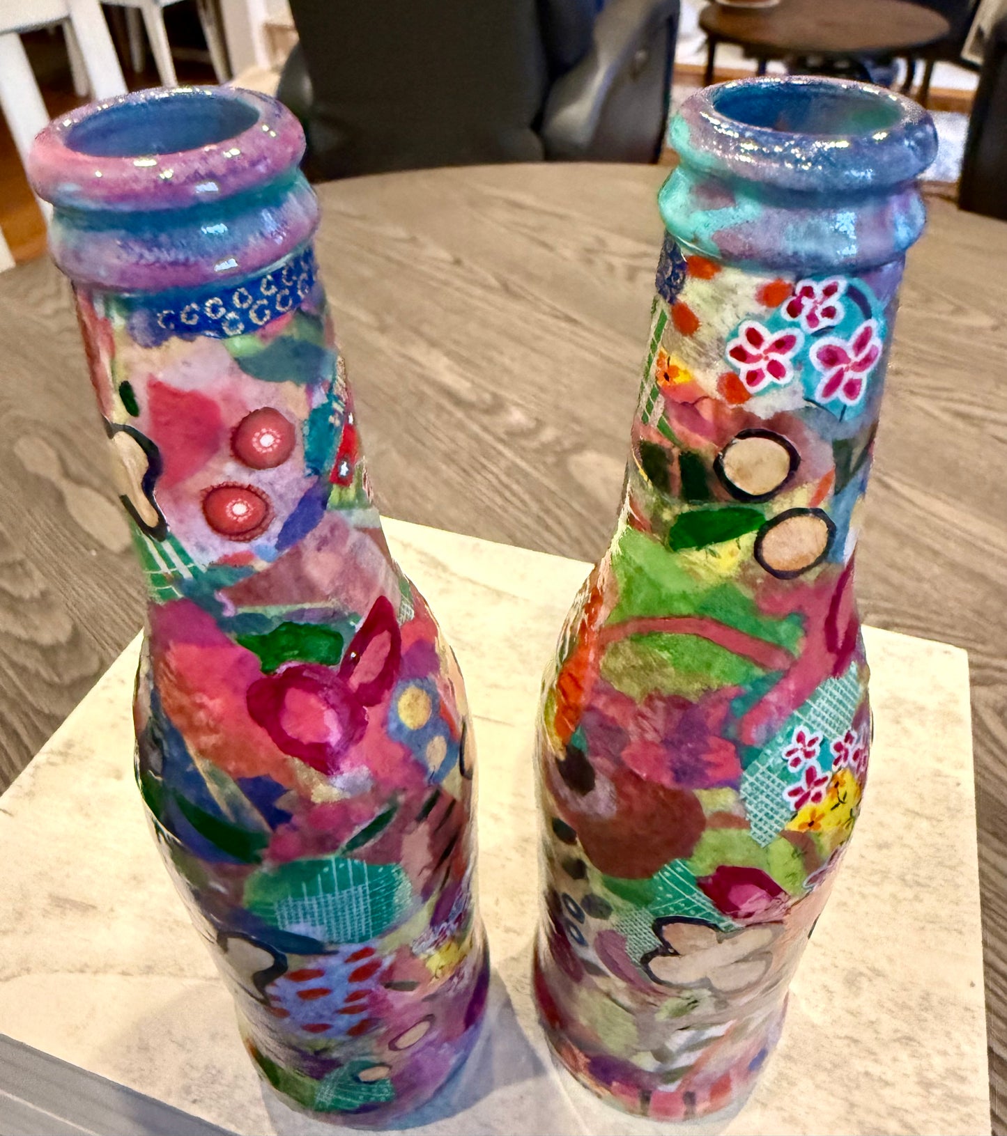 Colorful maximalist pair of bud vases