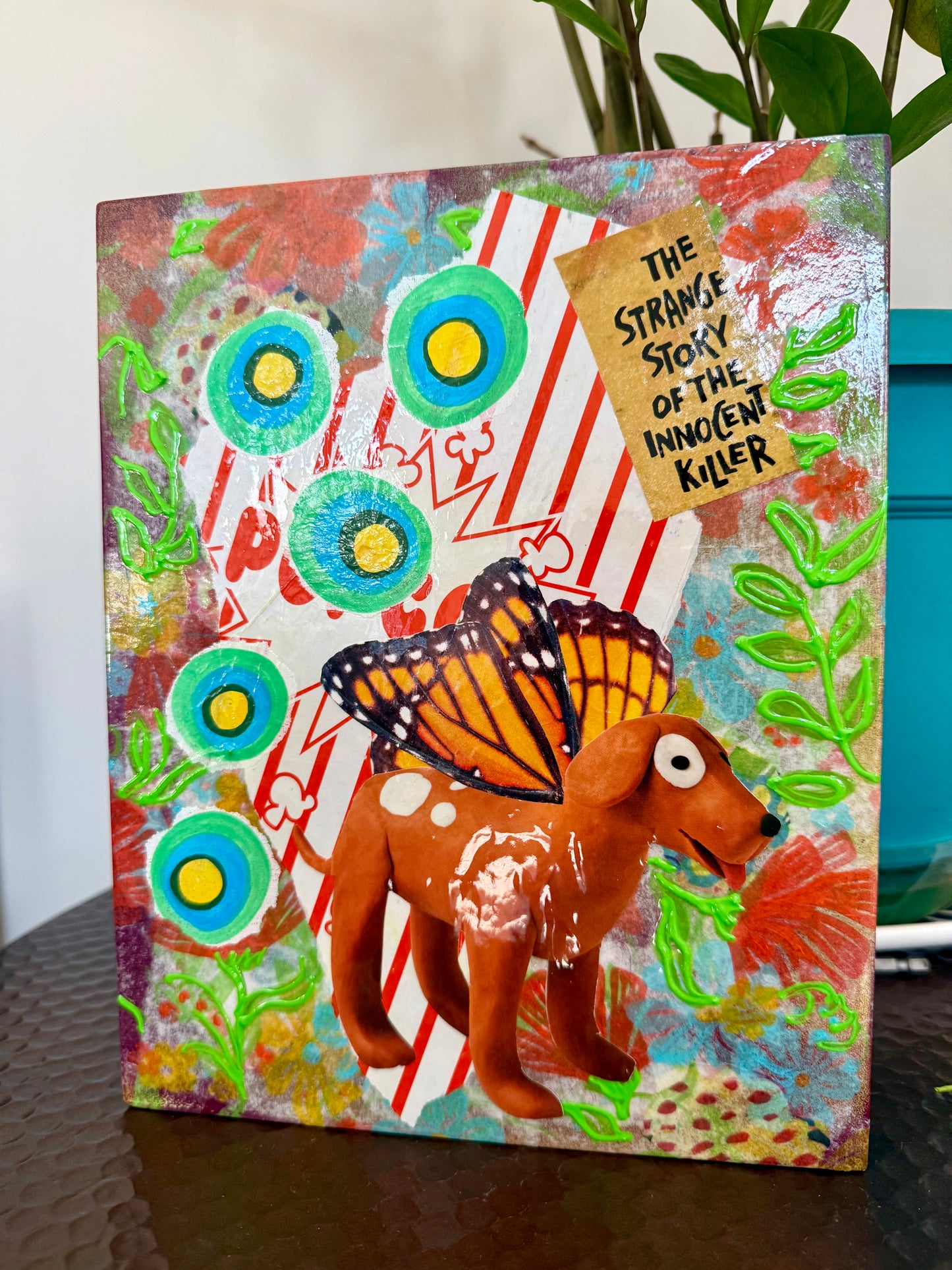 Mixed media collage kitschy wall outsider art dogs and butterflies