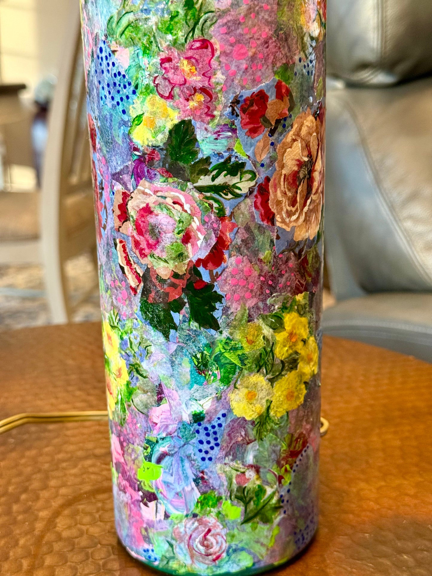Colorful floral table lamp repurposed upcycled liquor bottle