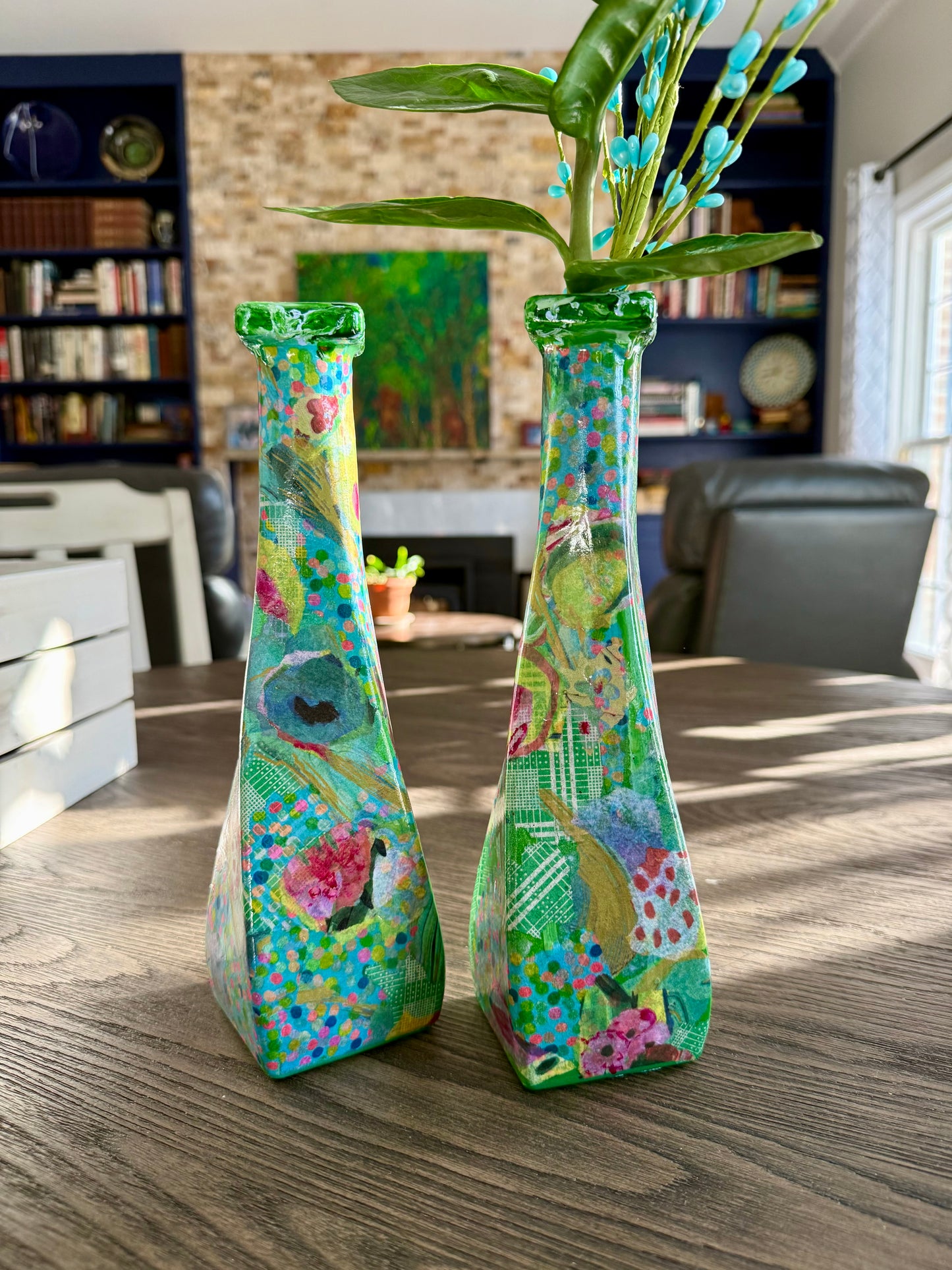 Pair of colorful whimsical flower vases repurposed tequila bottles