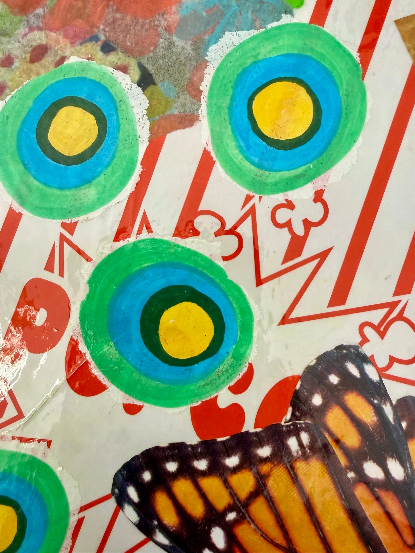 Mixed media collage kitschy wall outsider art dogs and butterflies