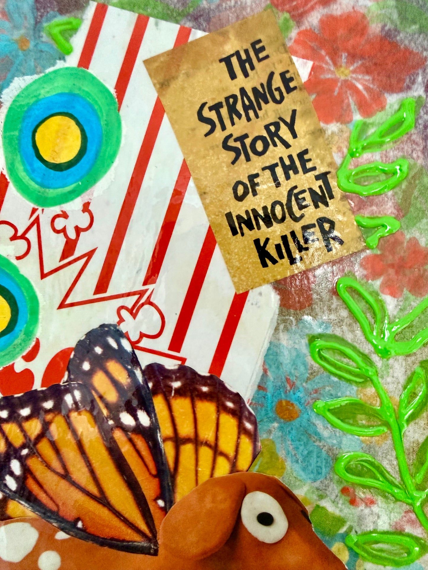 Mixed media collage kitschy wall outsider art dogs and butterflies