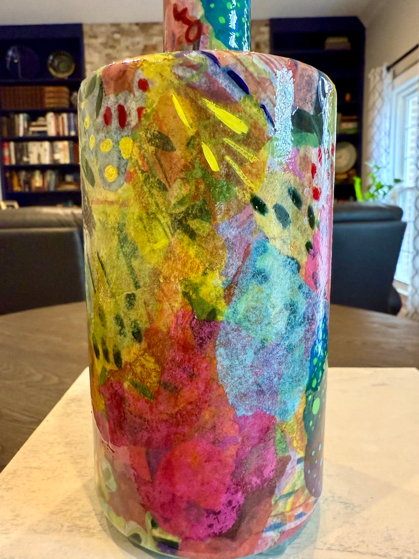 Repurposed liquor bottle maximalist flower vase