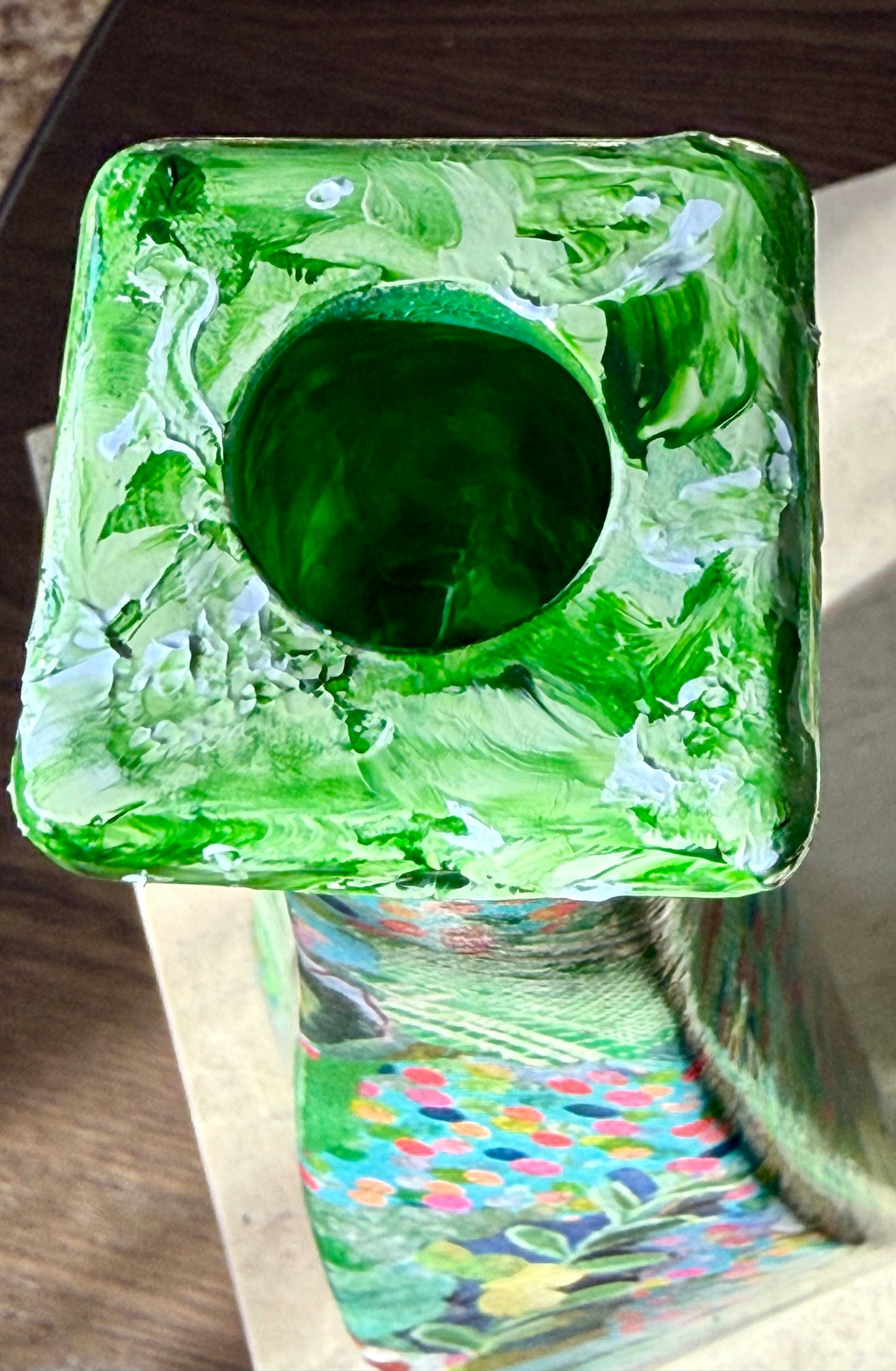 Pair of colorful whimsical flower vases repurposed tequila bottles