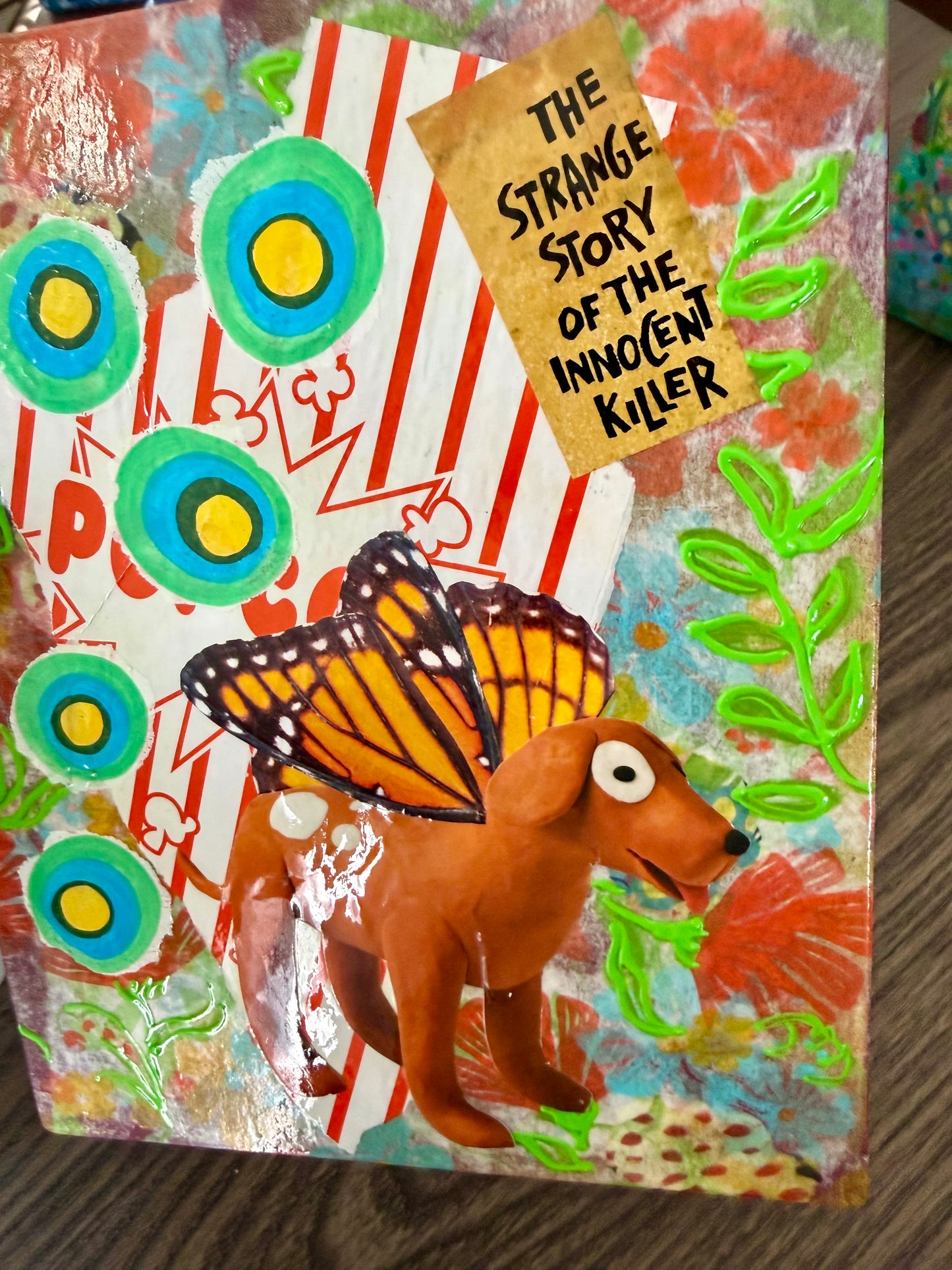 Mixed media collage kitschy wall outsider art dogs and butterflies