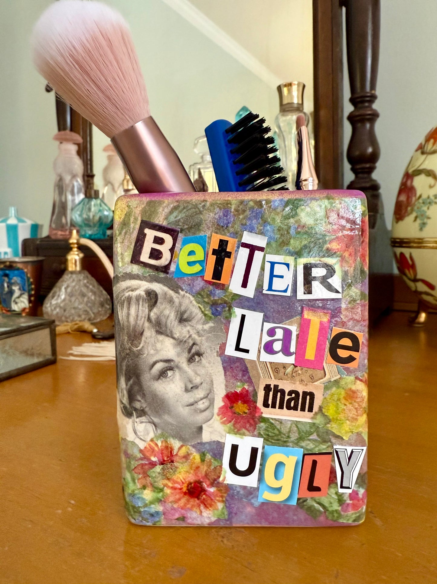 Repurposed retro vase or makeup brush holder