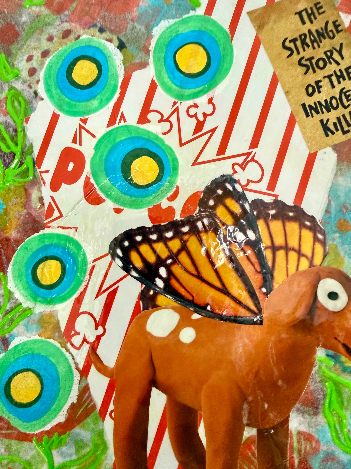 Mixed media collage kitschy wall outsider art dogs and butterflies