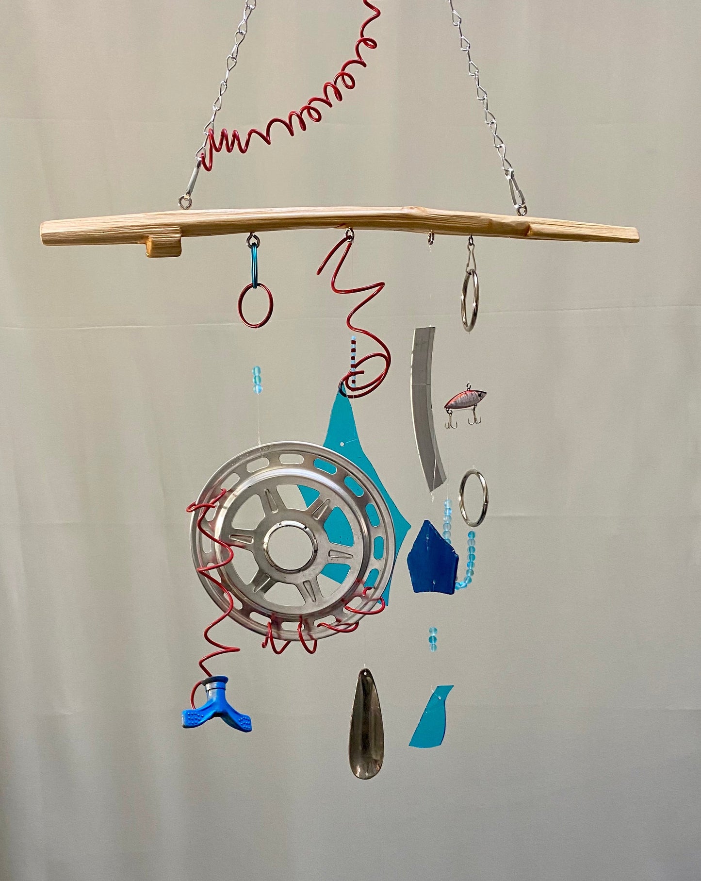 Large Funky Handmade Wind Chime with Fishing Lures and Bike Parts