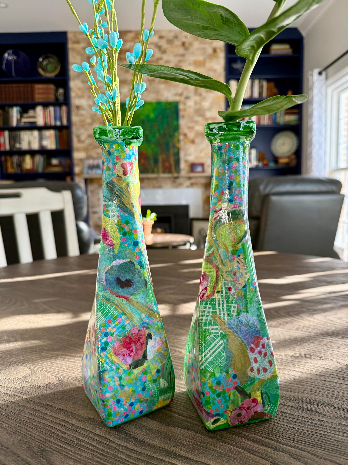 Pair of colorful whimsical flower vases repurposed tequila bottles