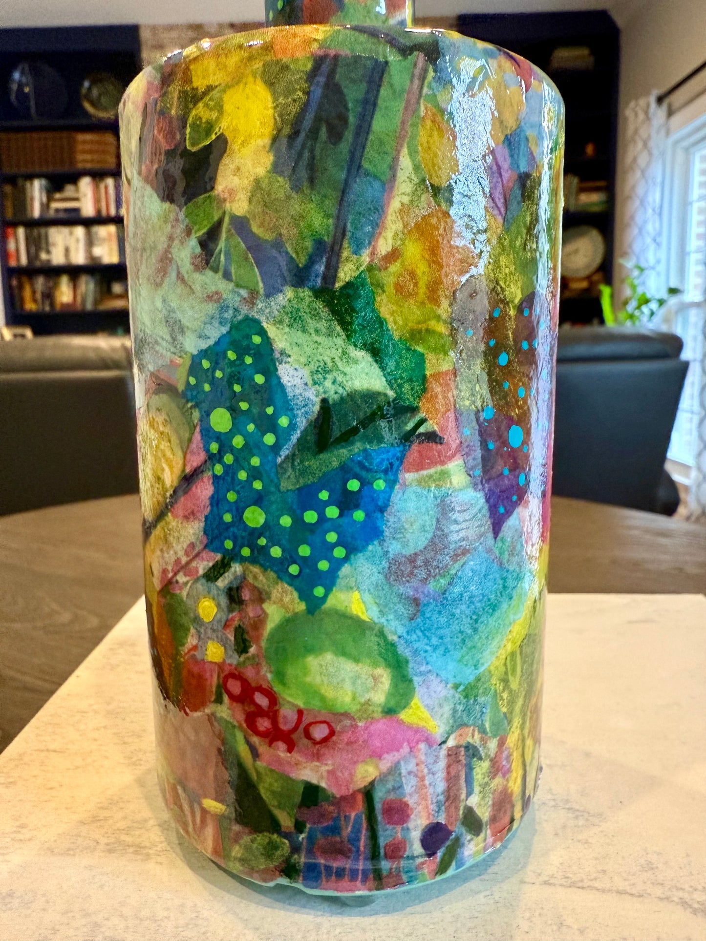 Repurposed liquor bottle maximalist flower vase