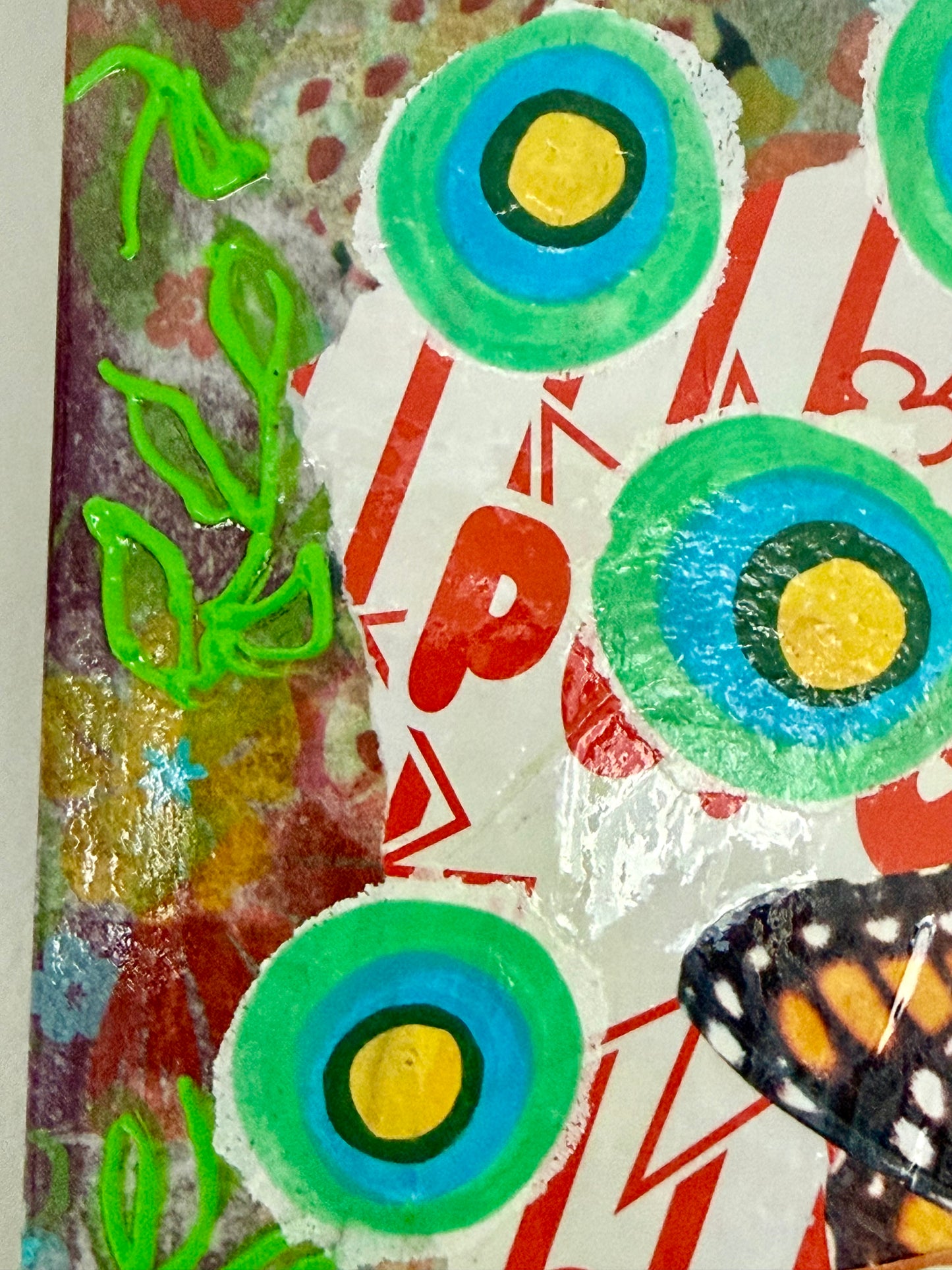 Mixed media collage kitschy wall outsider art dogs and butterflies