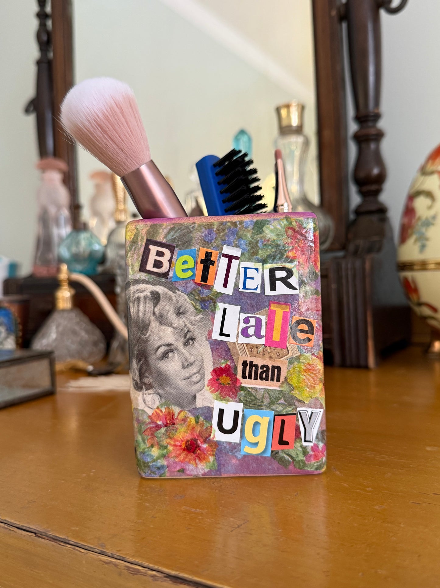 Repurposed retro vase or makeup brush holder