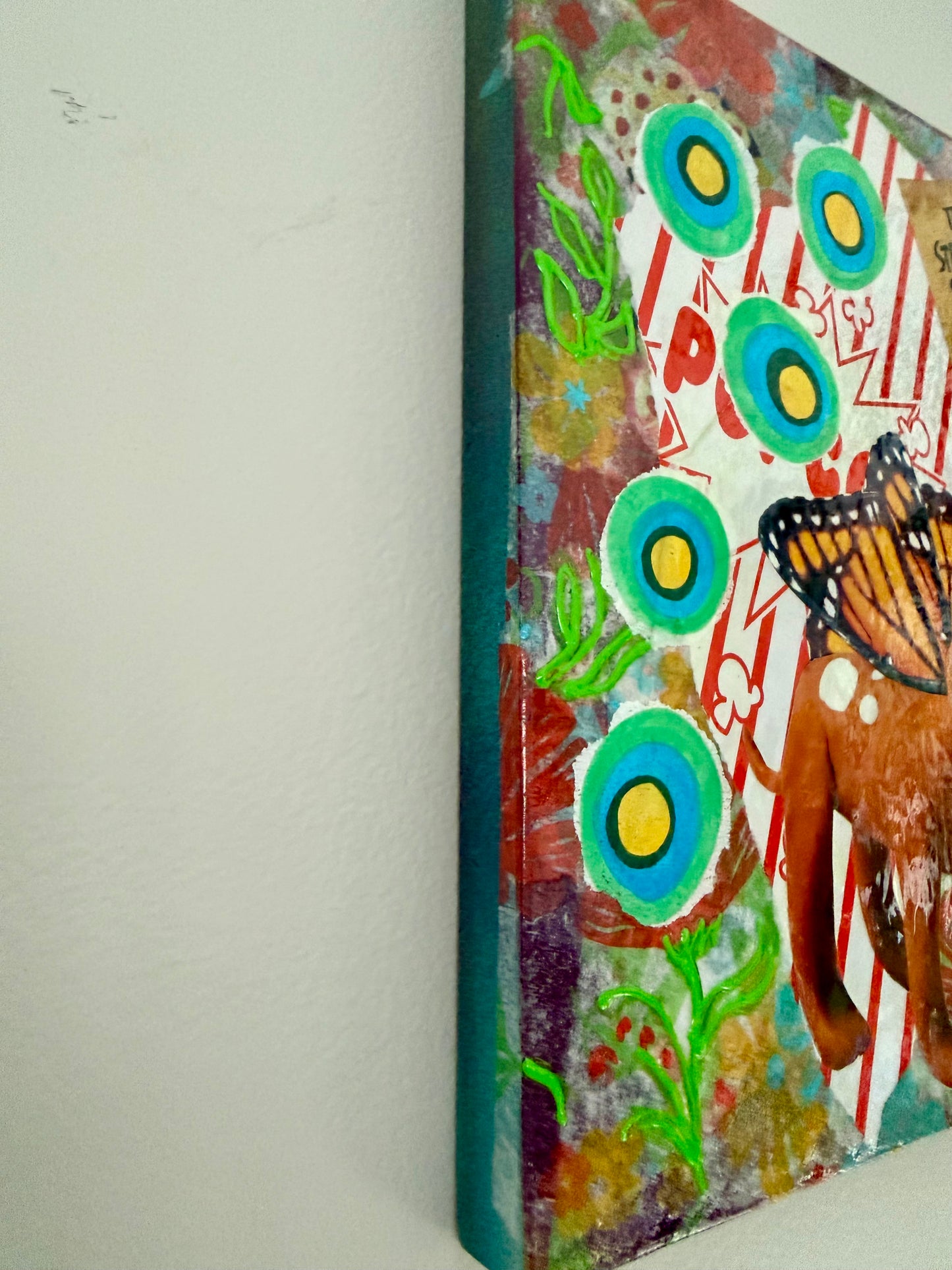 Mixed media collage kitschy wall outsider art dogs and butterflies