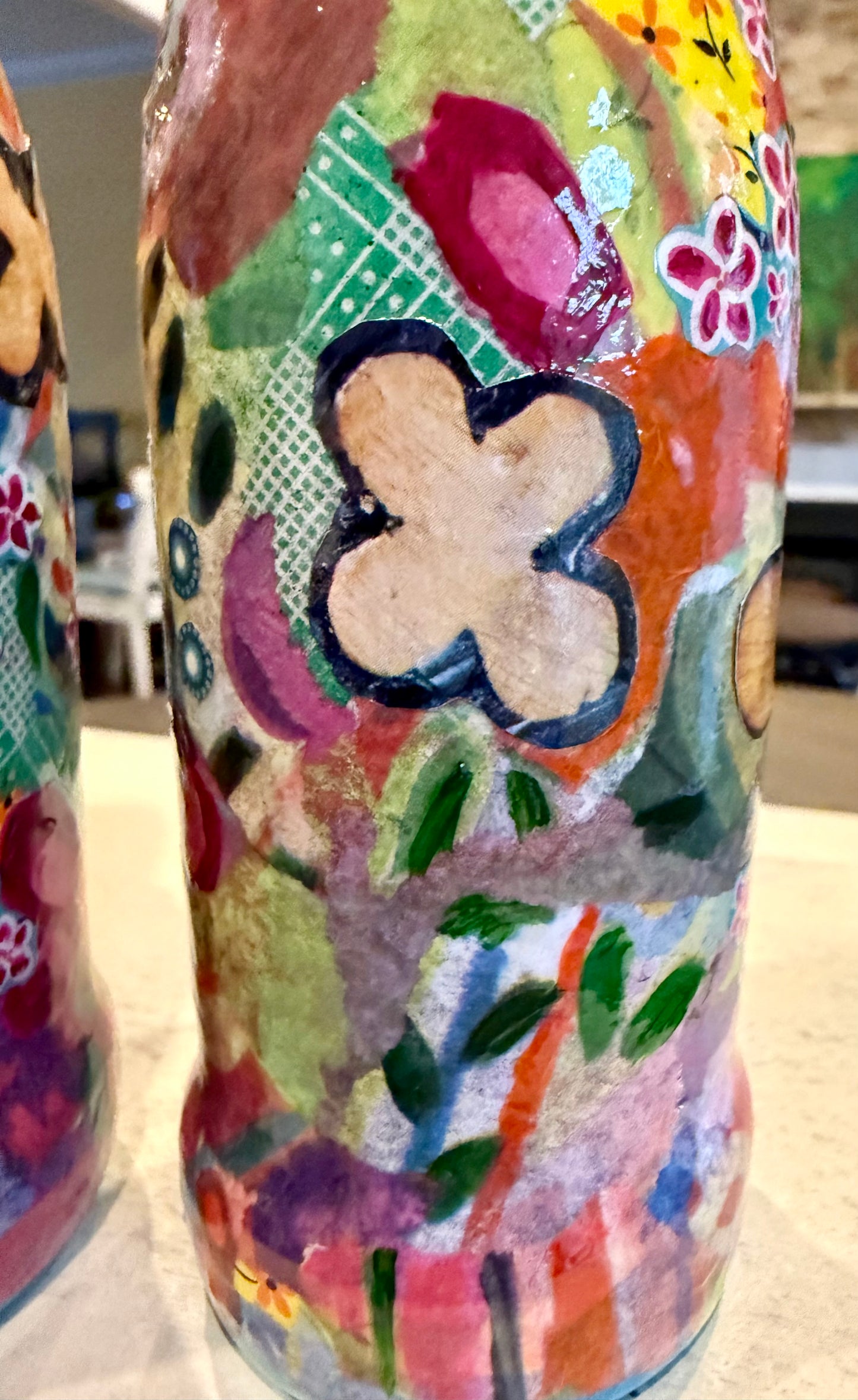 Colorful maximalist pair of bud vases