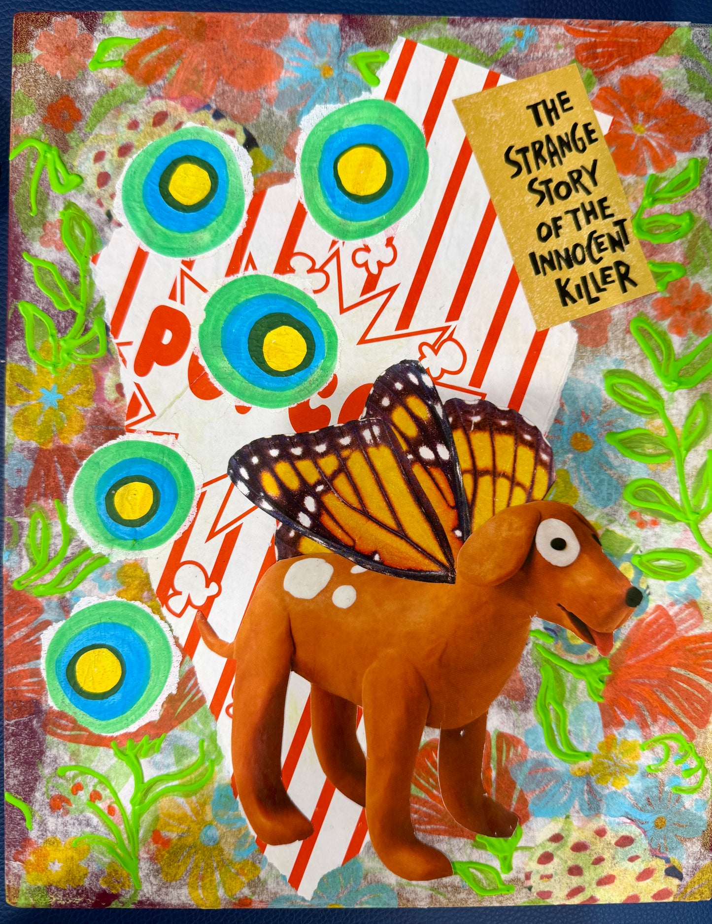 Mixed media collage kitschy wall outsider art dogs and butterflies