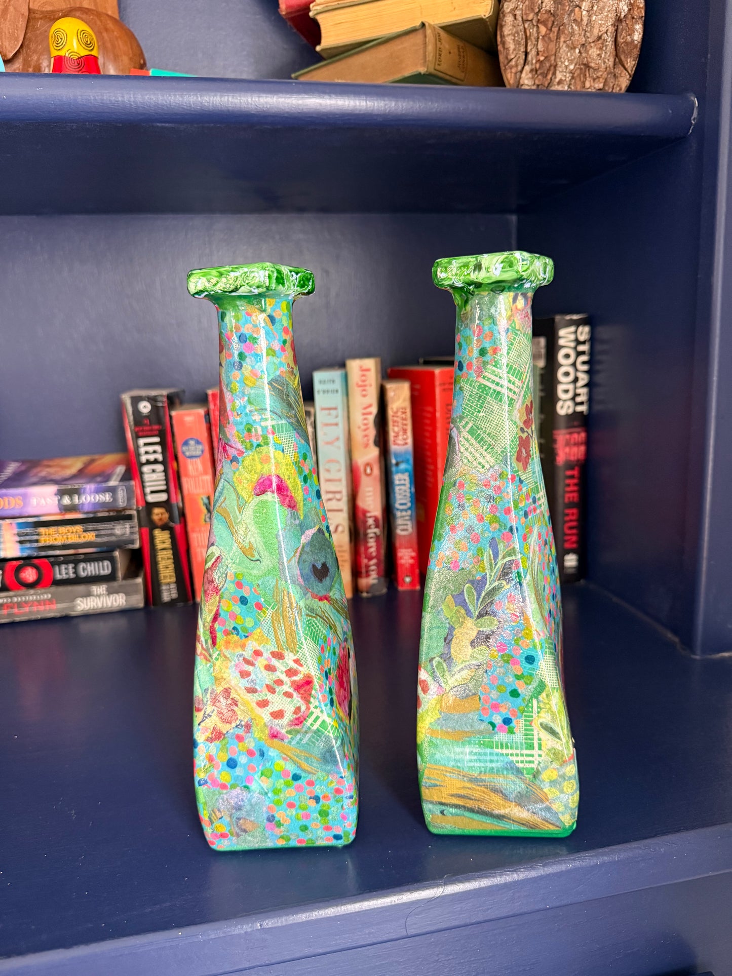 Pair of colorful whimsical flower vases repurposed tequila bottles