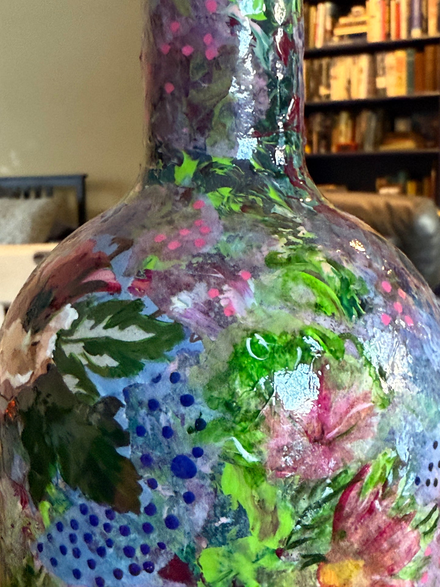 Colorful floral table lamp repurposed upcycled liquor bottle