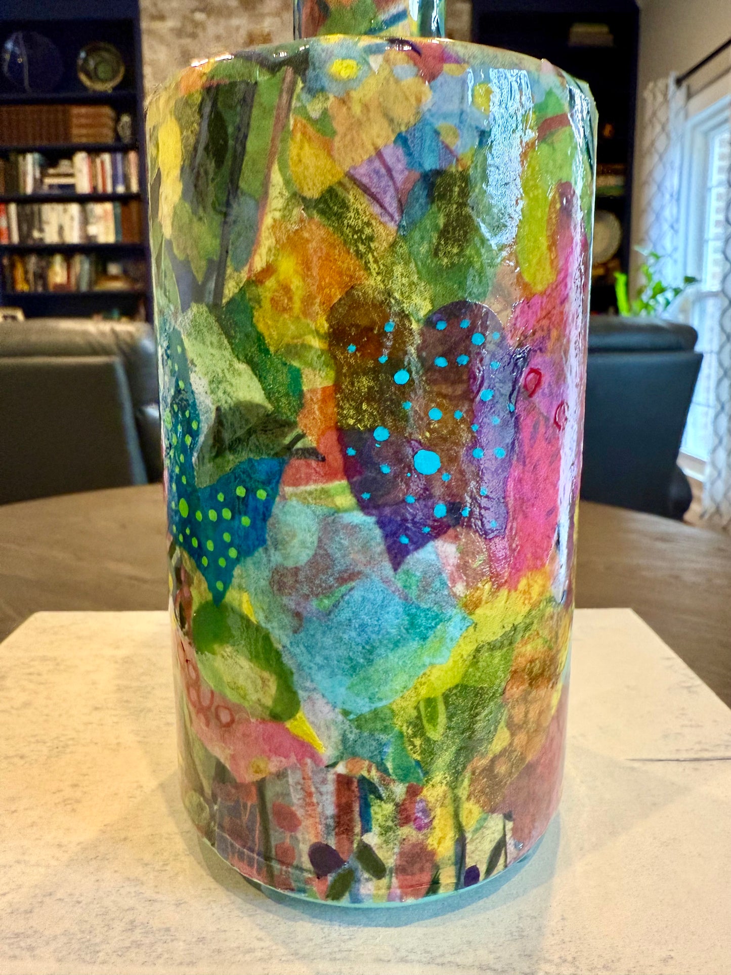 Repurposed liquor bottle maximalist flower vase