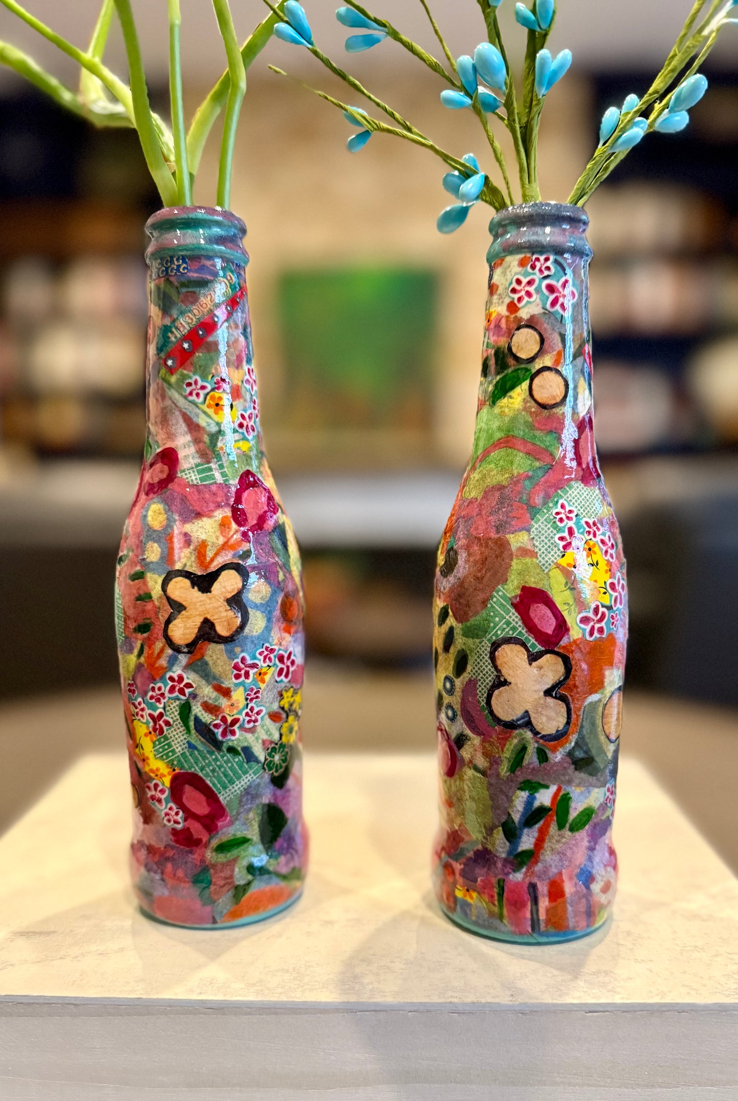 Colorful maximalist pair of bud vases