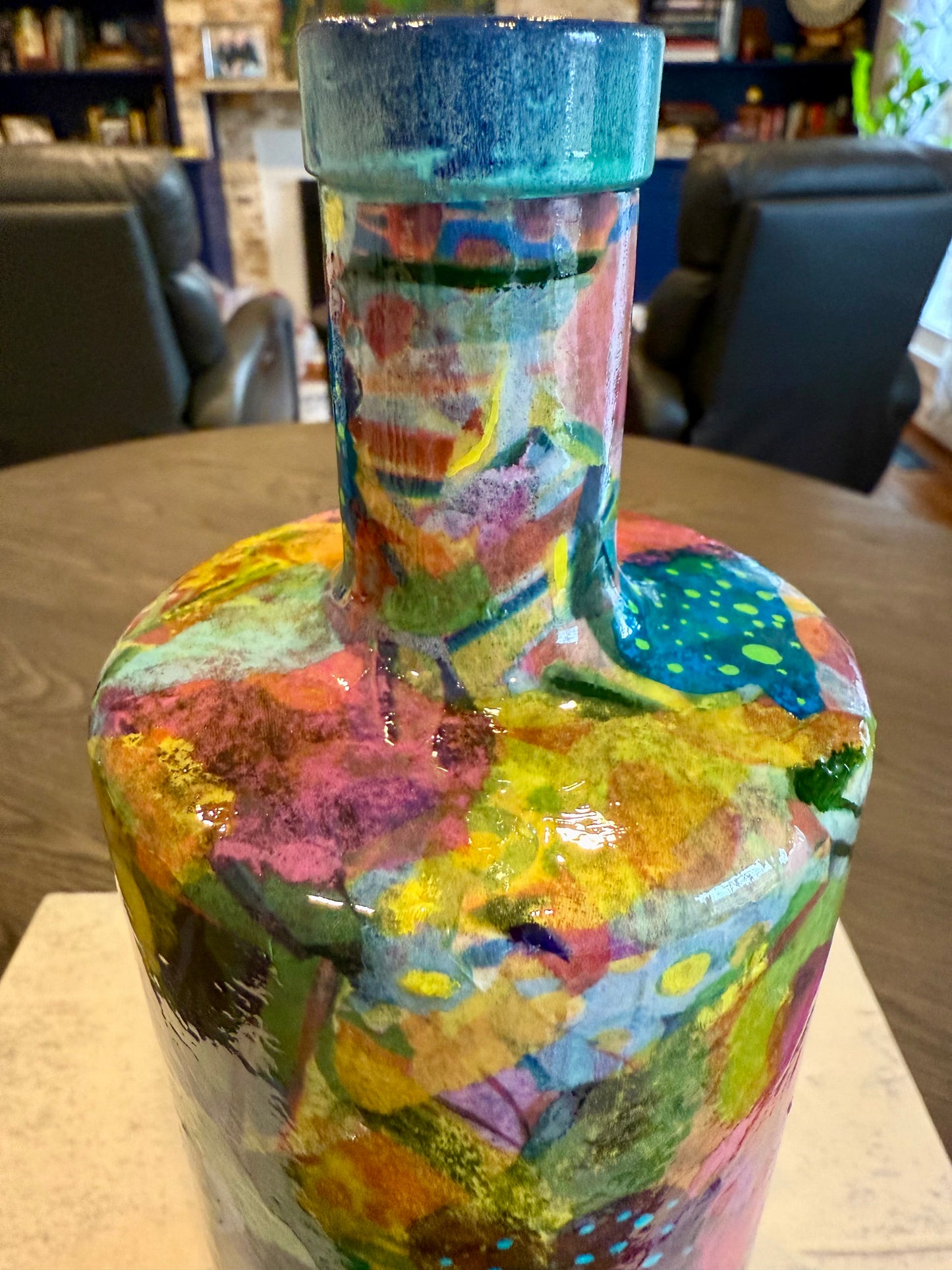 Repurposed liquor bottle maximalist flower vase