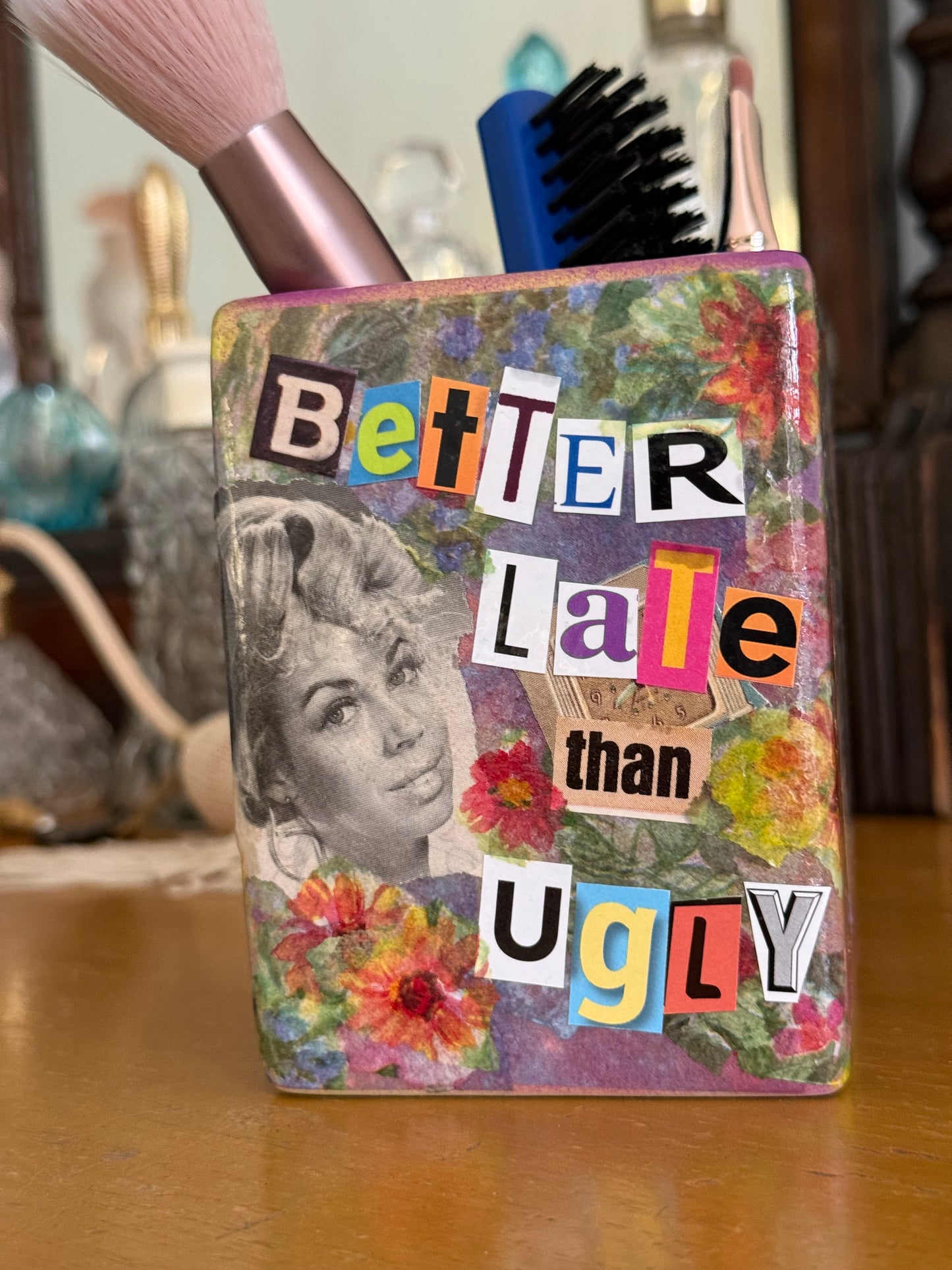 Repurposed retro vase or makeup brush holder