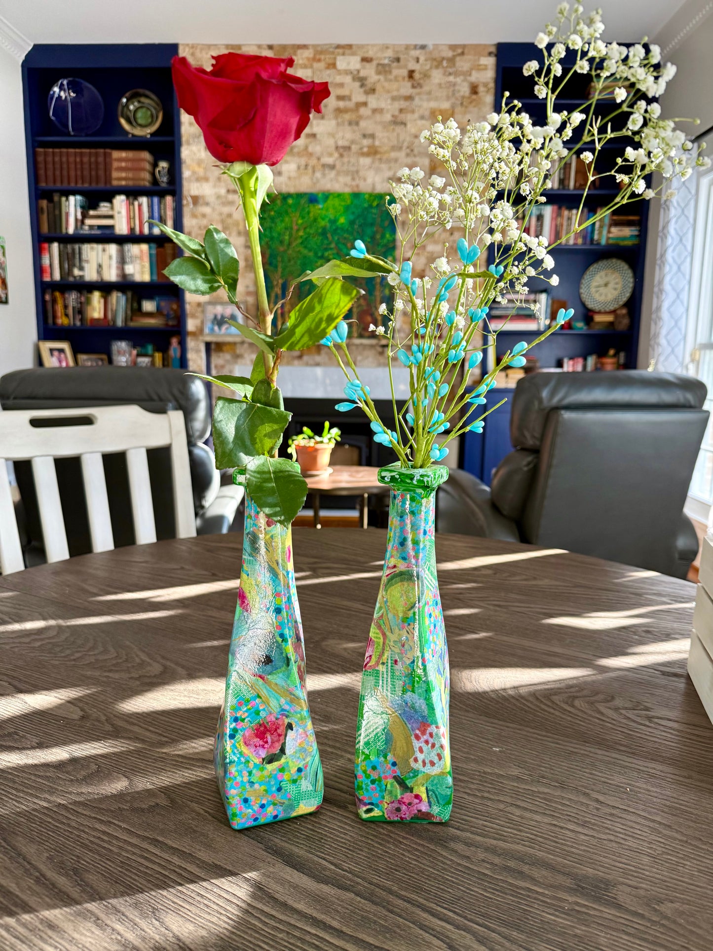 Pair of colorful whimsical flower vases repurposed tequila bottles