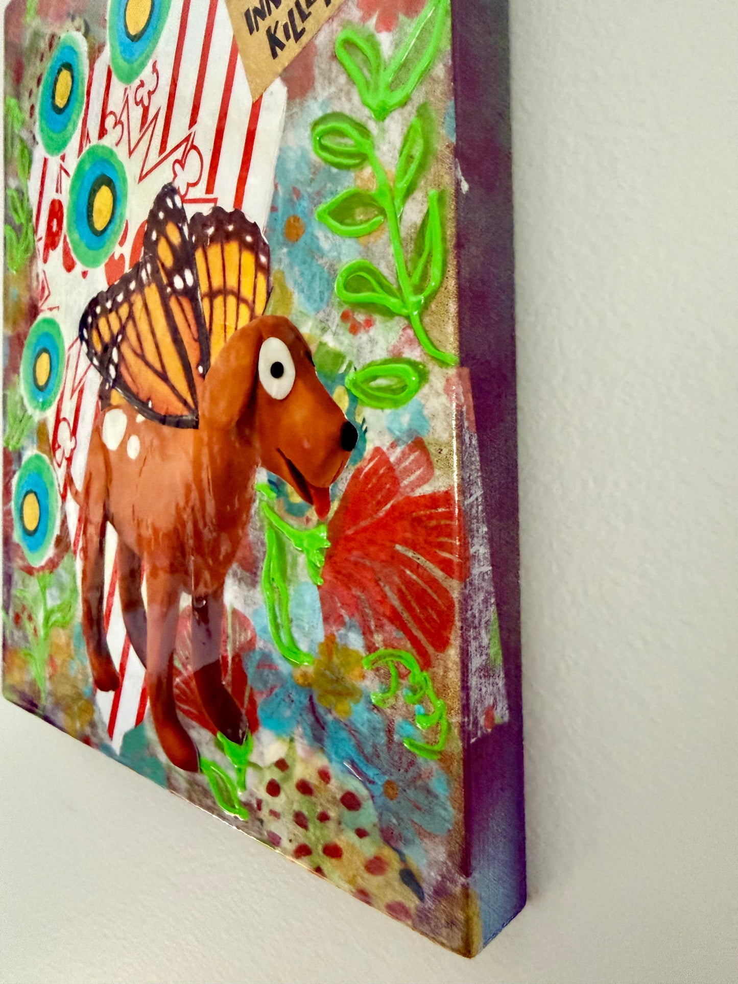 Mixed media collage kitschy wall outsider art dogs and butterflies