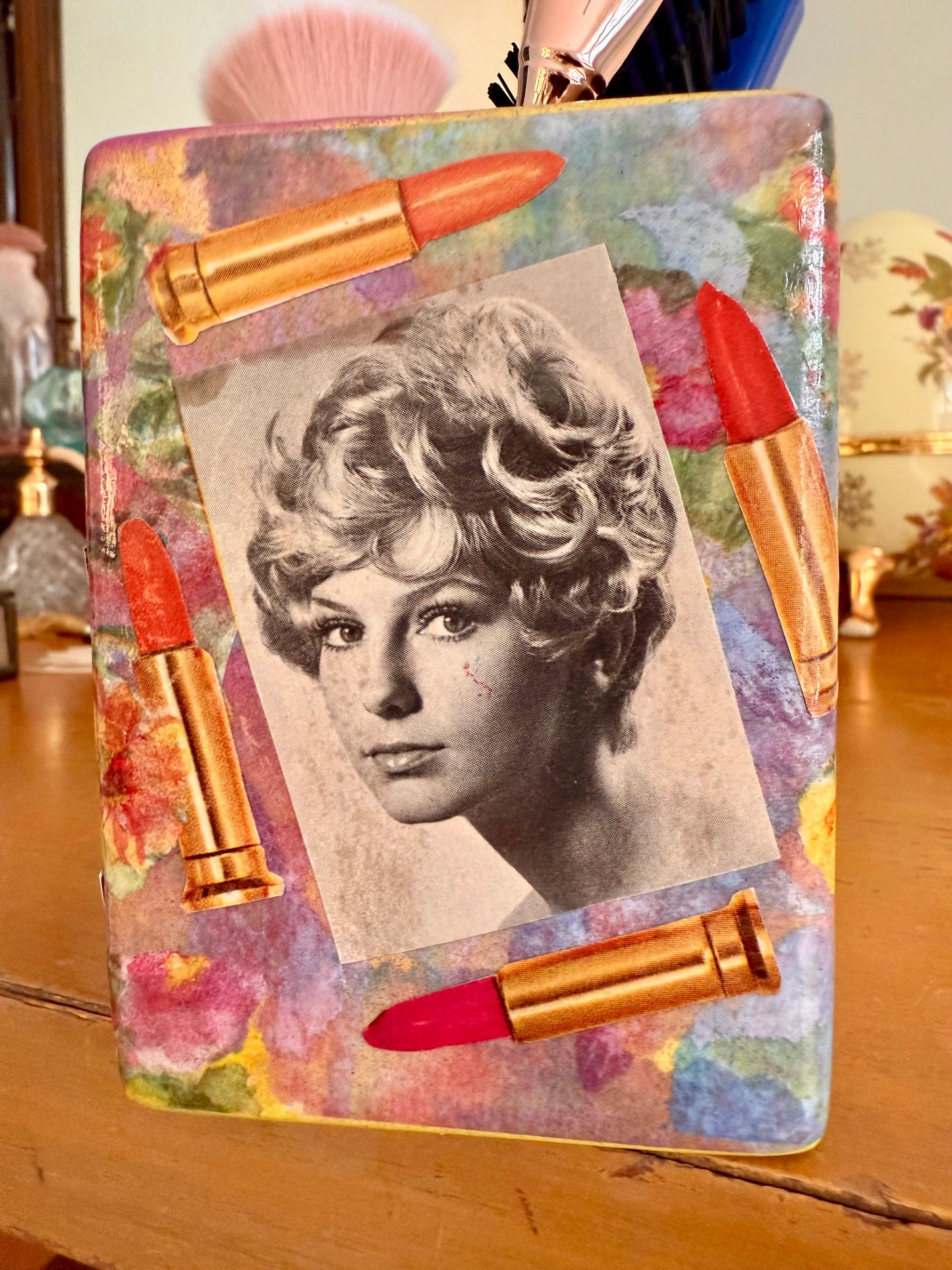 Repurposed retro vase or makeup brush holder