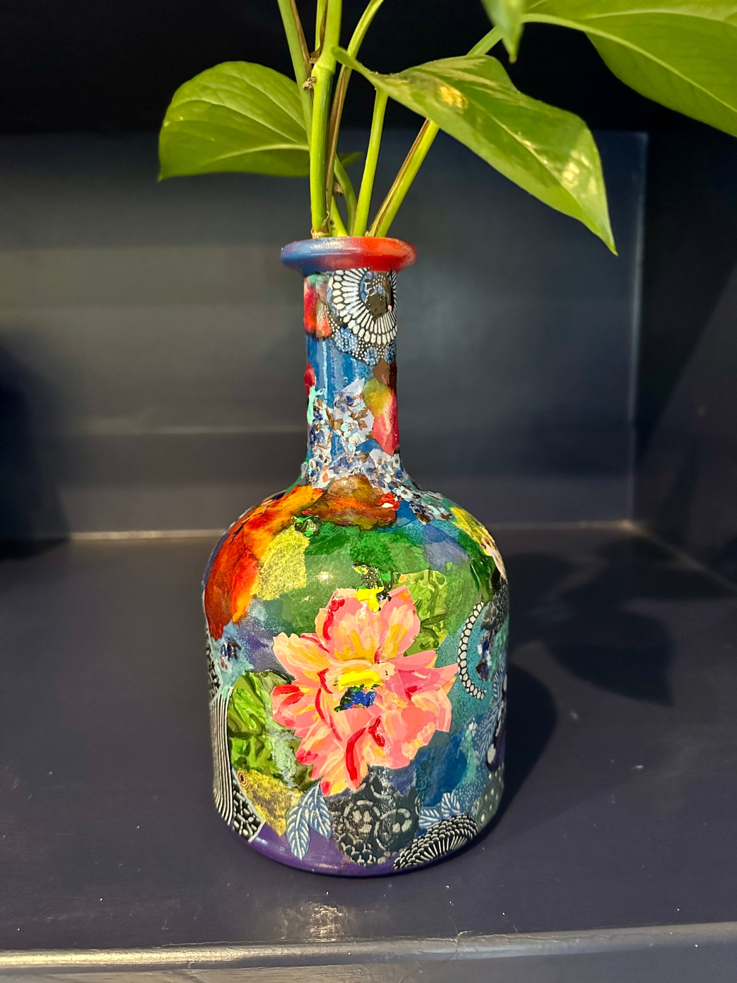 Colorful Flower Bud Vase Recycled Tequila Bottle