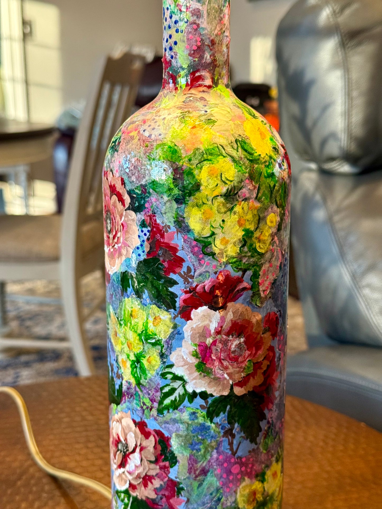 Colorful floral table lamp repurposed upcycled liquor bottle
