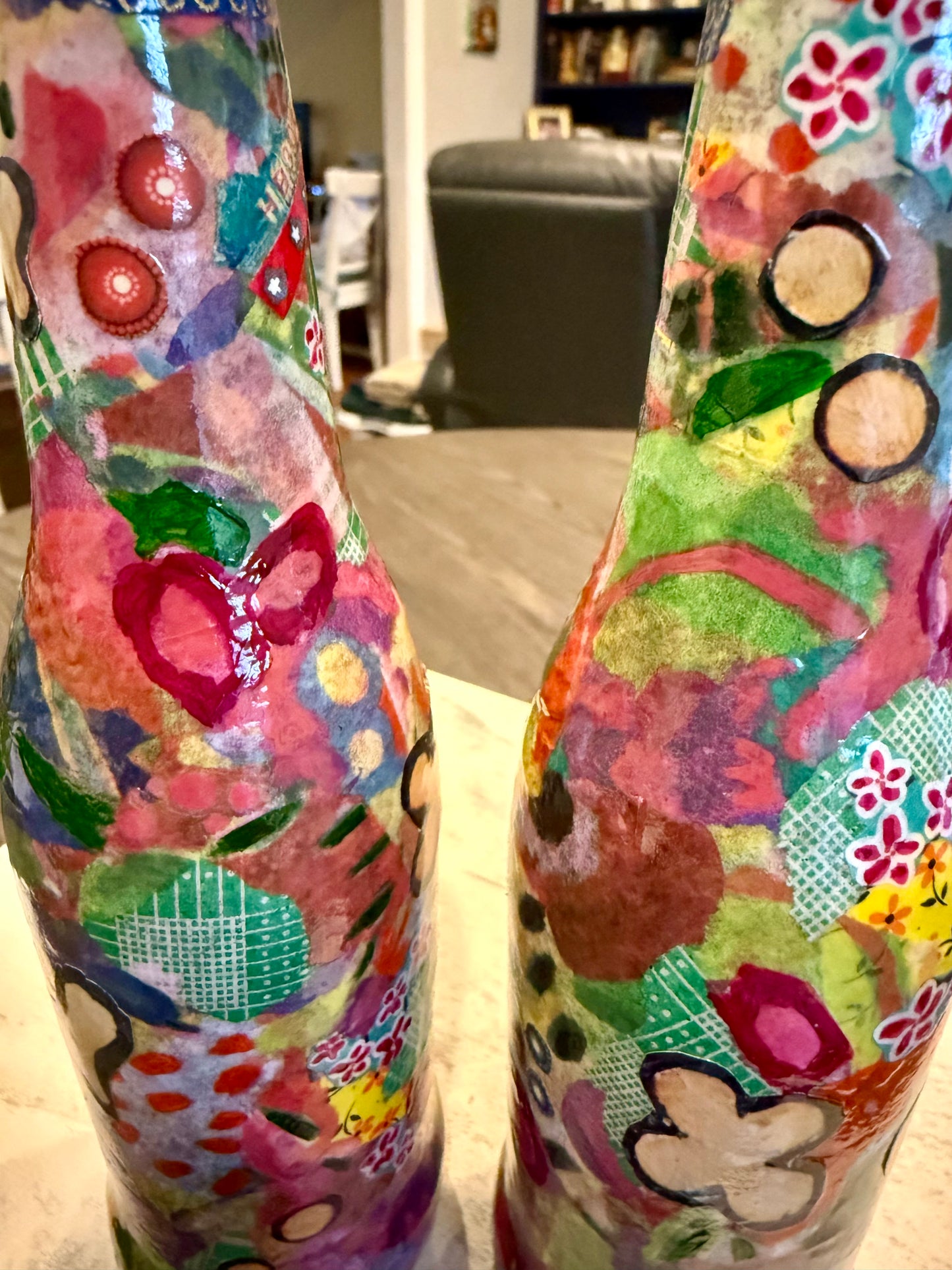Colorful maximalist pair of bud vases