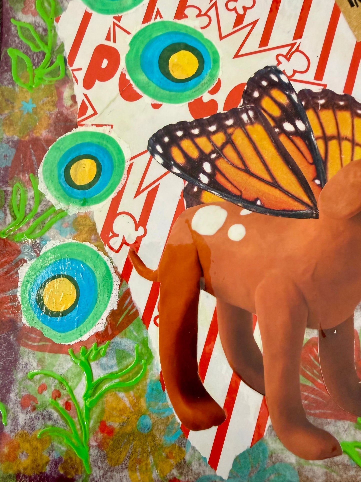 Mixed media collage kitschy wall outsider art dogs and butterflies