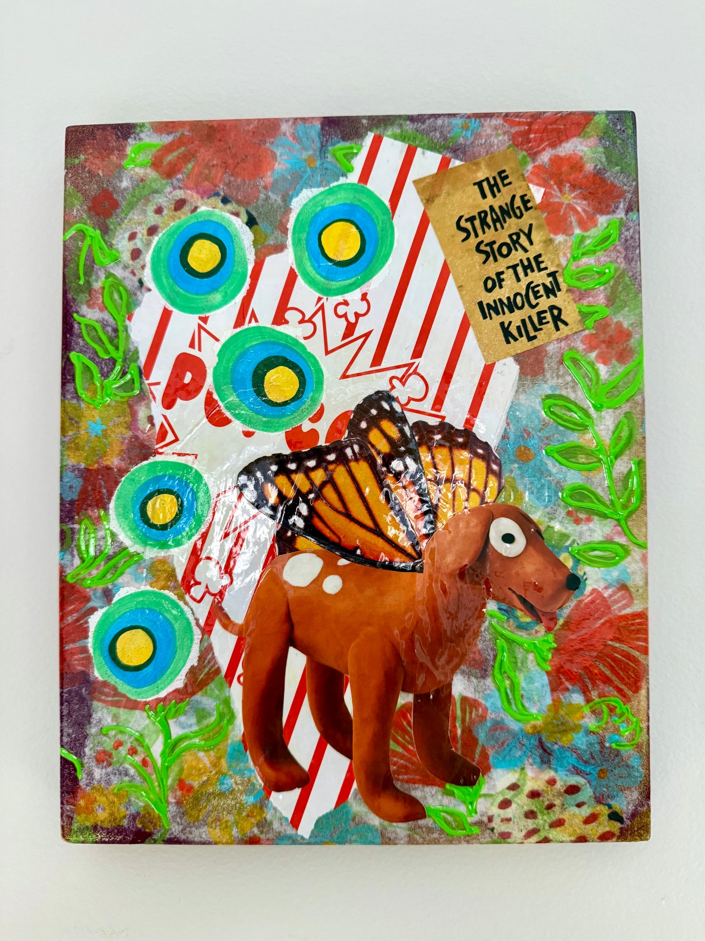 Mixed media collage kitschy wall outsider art dogs and butterflies