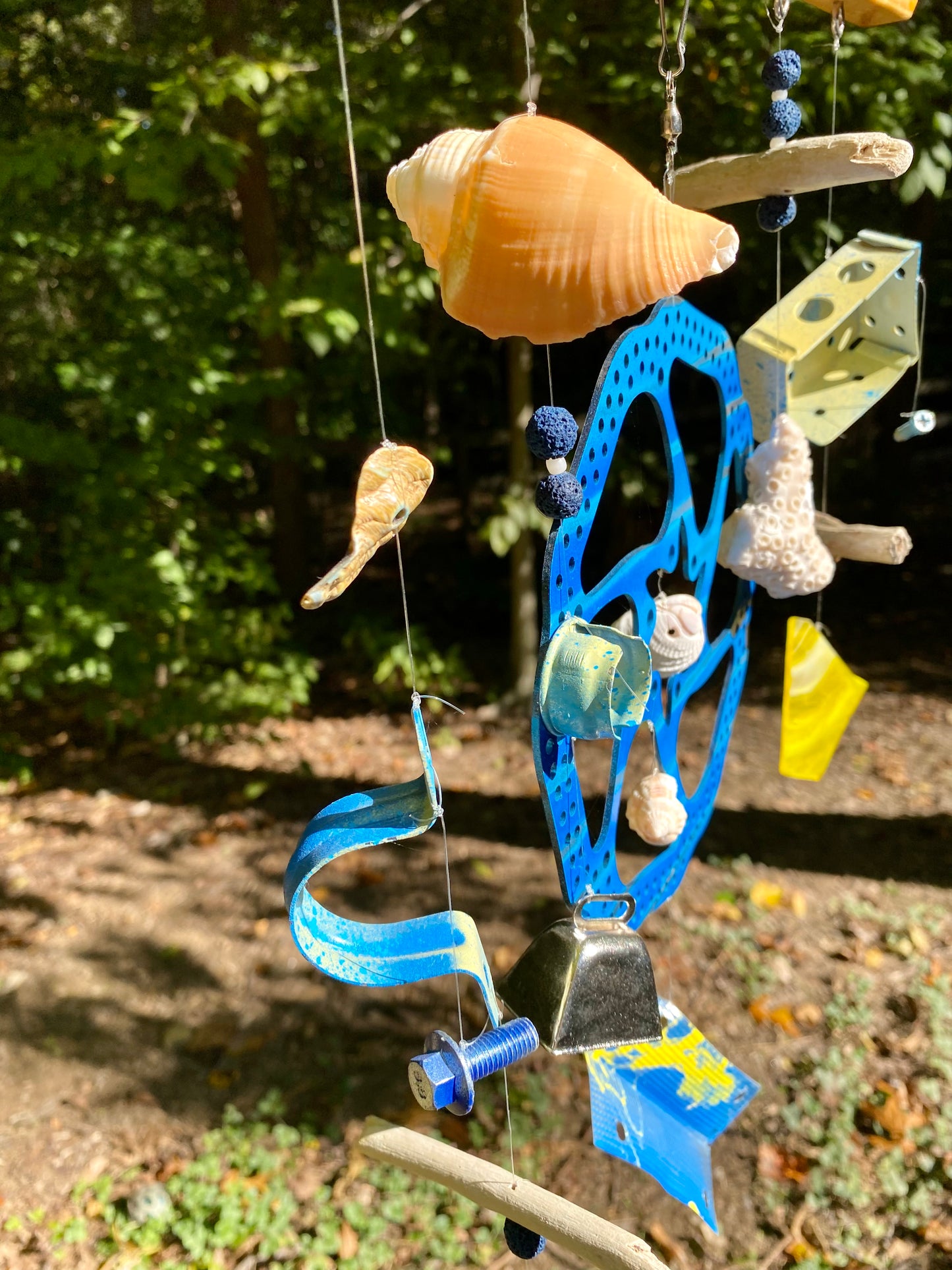 Funky Driftwood Seashells Bicycle Wind Chime Upcycled Hardware