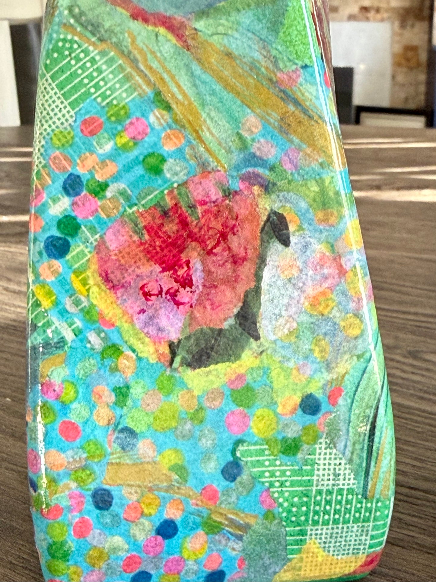Pair of colorful whimsical flower vases repurposed tequila bottles