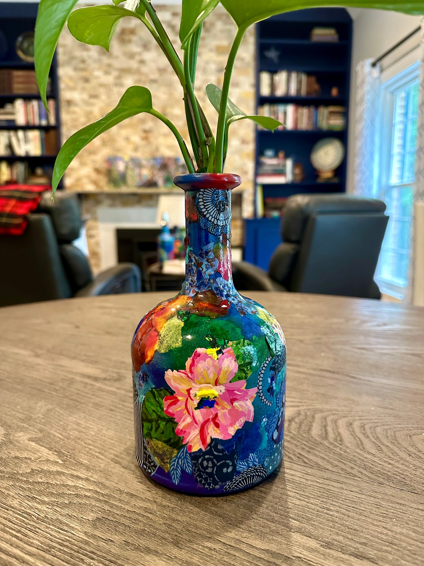 Colorful Flower Bud Vase Recycled Tequila Bottle