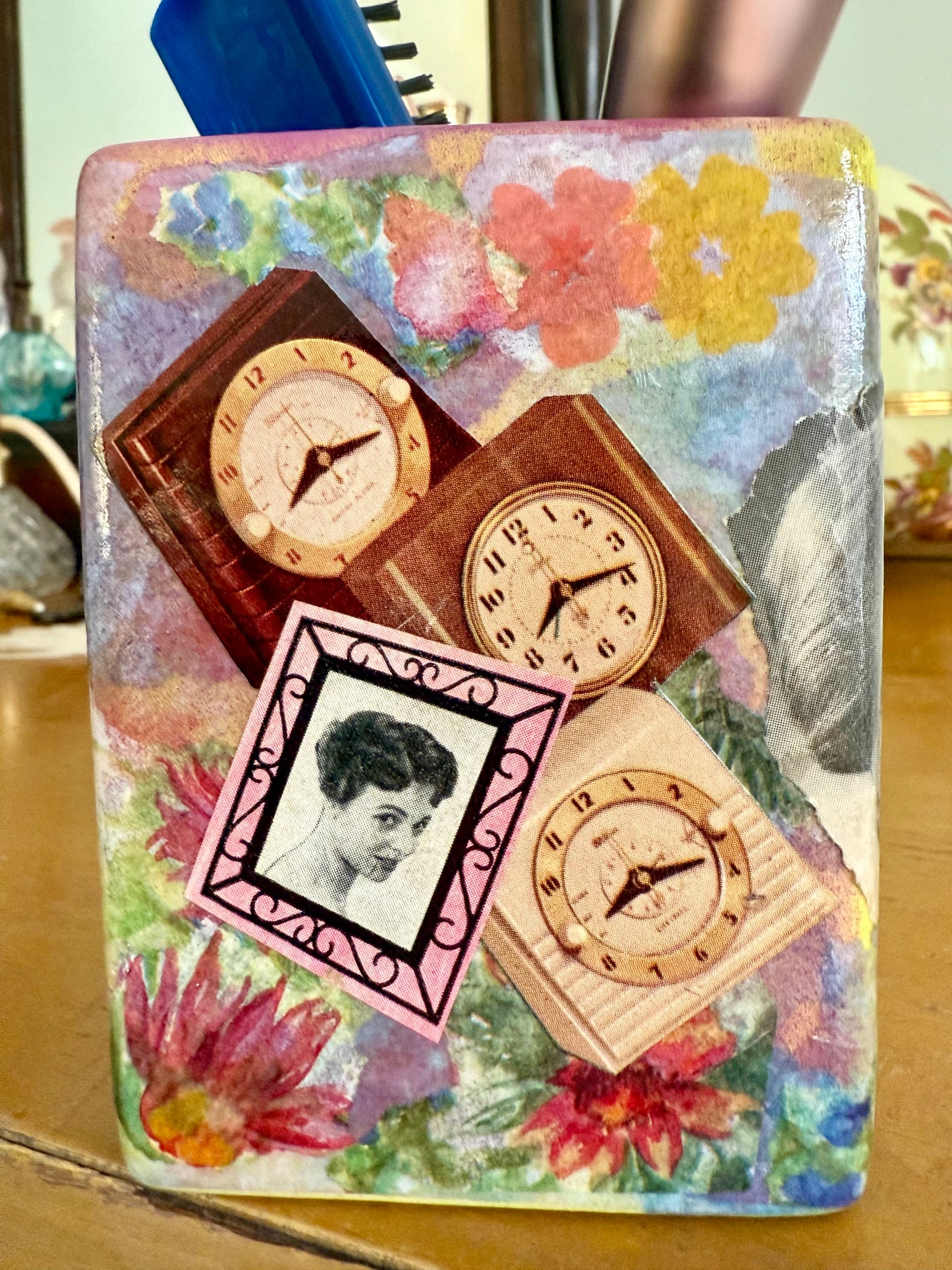 Repurposed retro vase or makeup brush holder