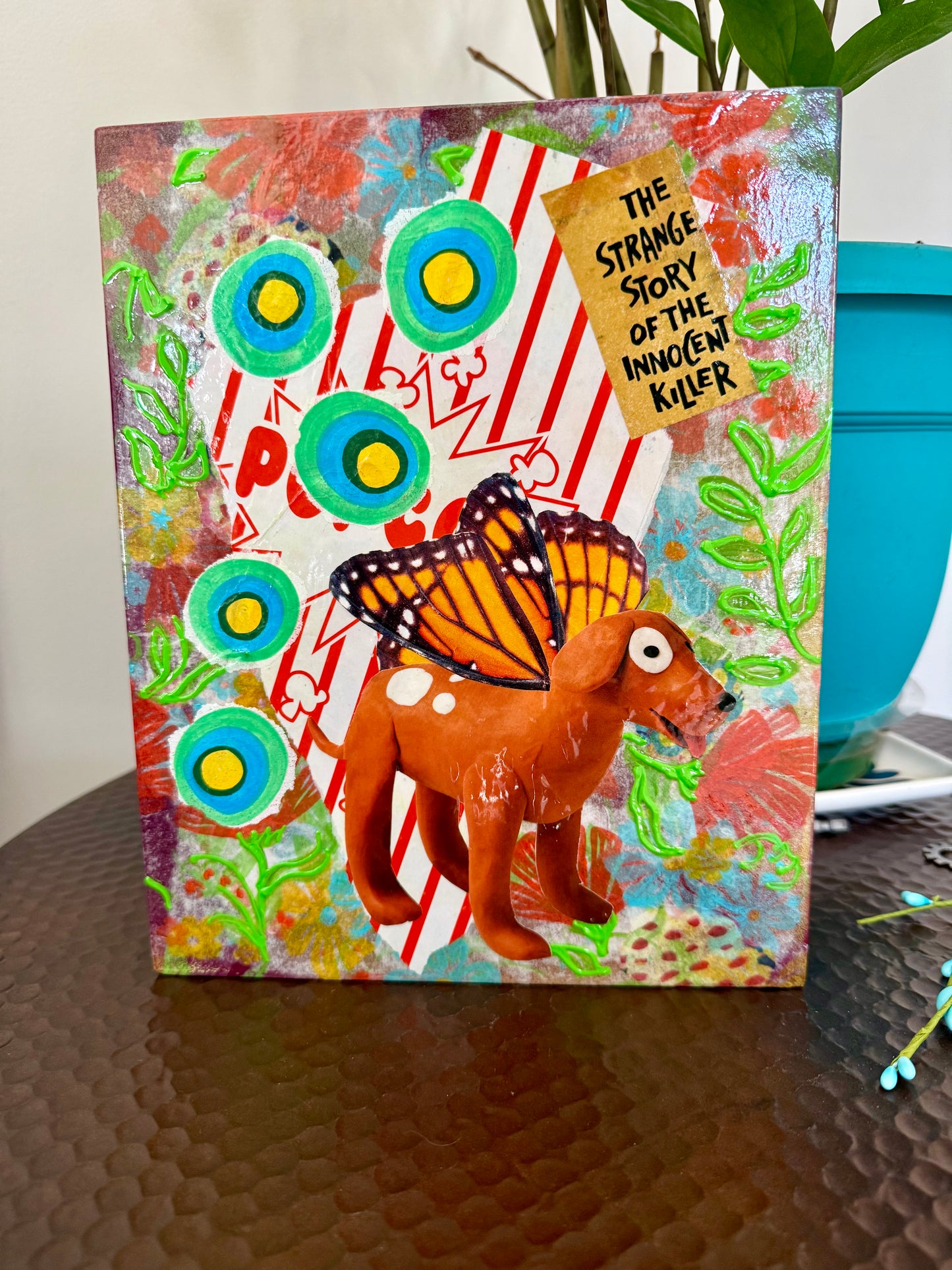 Mixed media collage kitschy wall outsider art dogs and butterflies