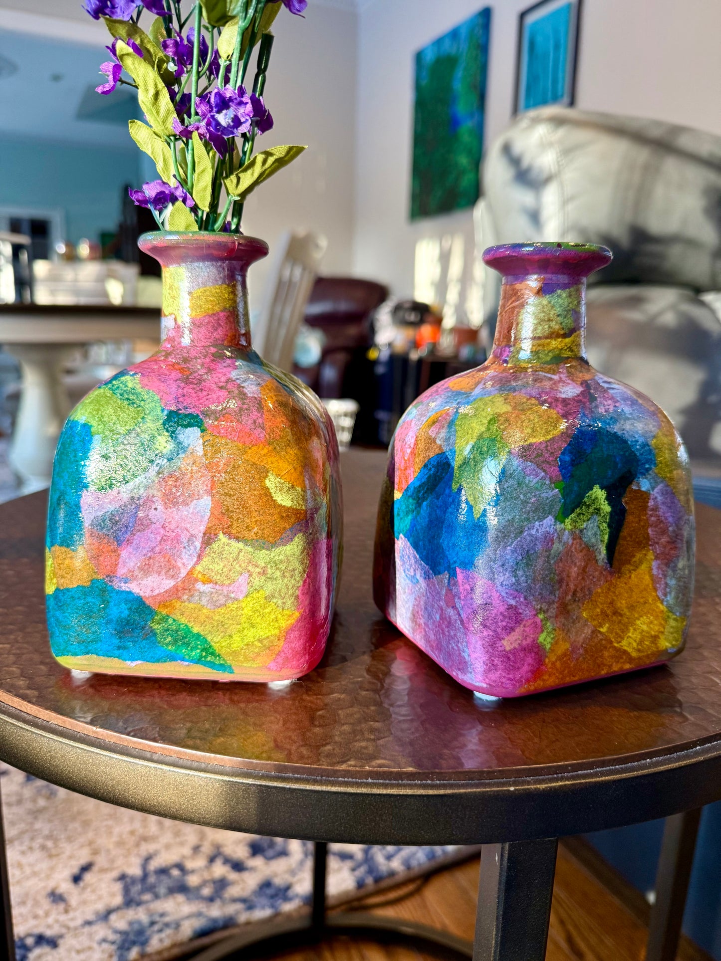 Pair of colorful funky tequila bottle vases