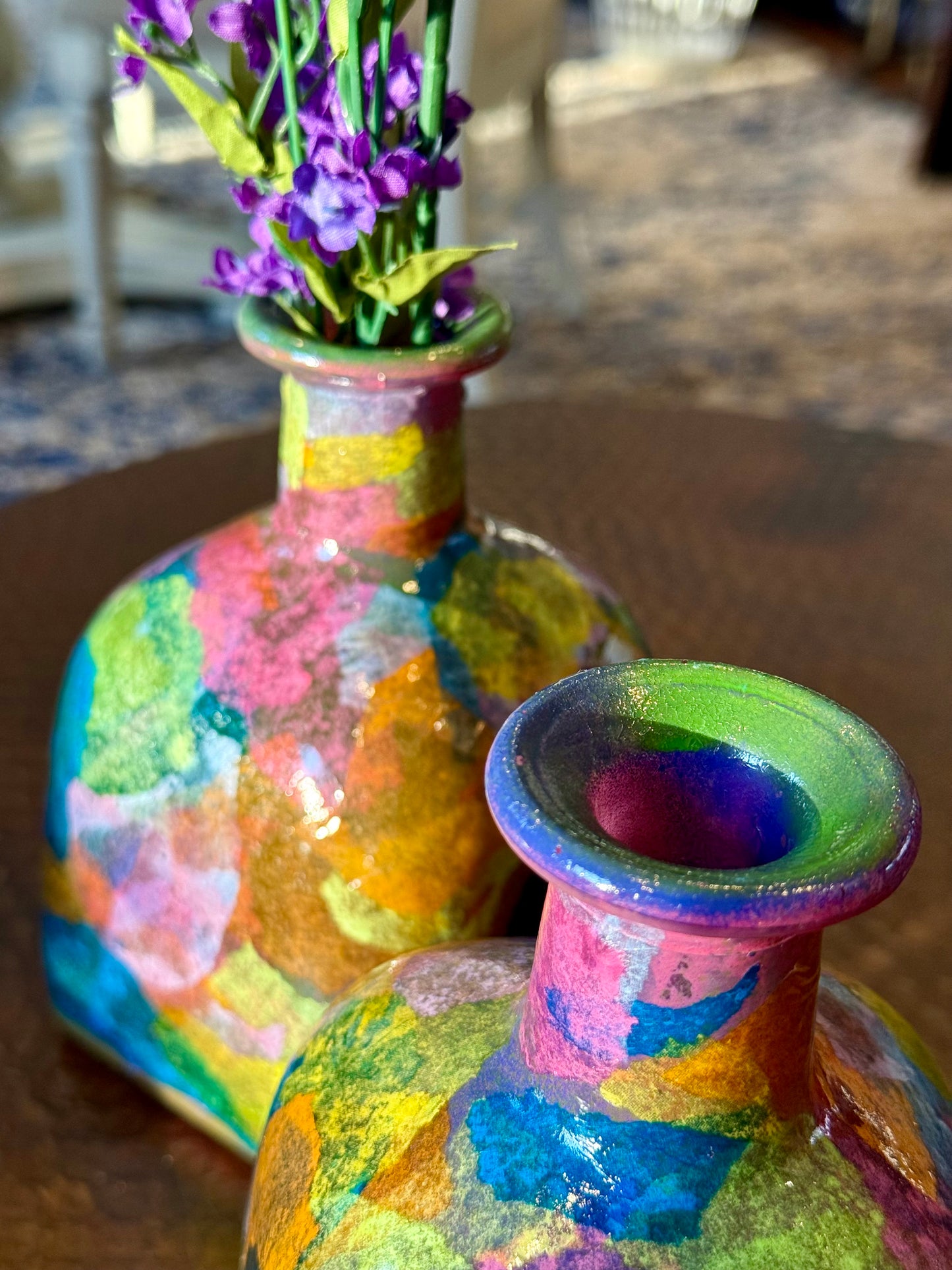 Pair of colorful funky tequila bottle vases